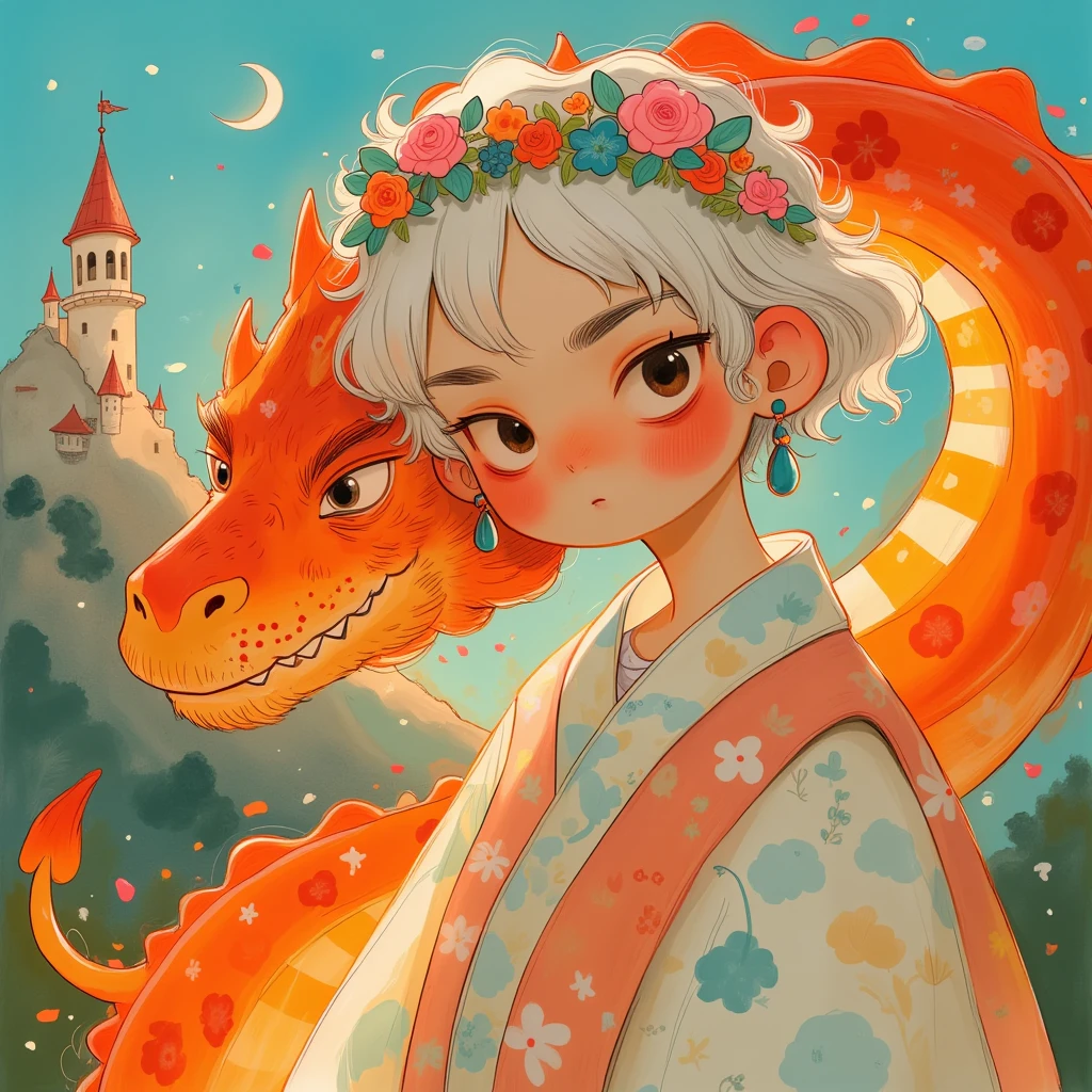 a white-haired young woman wearing a flower crown, a very large fiery dragon, castle in the background, illustration in the style of WHMSCPE001