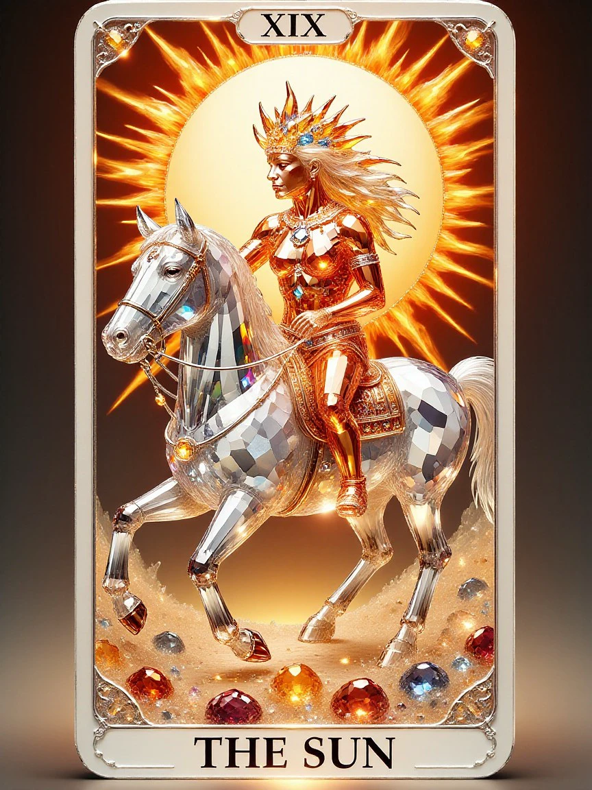 cs-cr1stal , Tarot card of The Sun, with text "XIX" at the top and text "The Sun" at the bottom, fire elemental riding a pale horse <lora:Crystality Flux_v1:1>