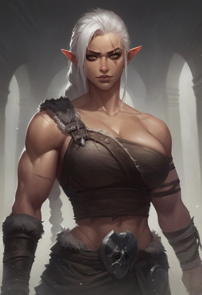 safe_pos, score_9, score_8_up, score_7_up, BREAK, 1girl, portrait, ((beautiful, elf, latina, latina woman, latina skin, clear golden eyes, white hair, long ponytail, ponytail, bangs, side bags, braided ponytail, fighter, barbarian, gladiator, muscular, athletic, scars on body, scars, scars on face, ragged, death knight, warrior (smug:0.85), (big breast:1.25), dramatic lights))