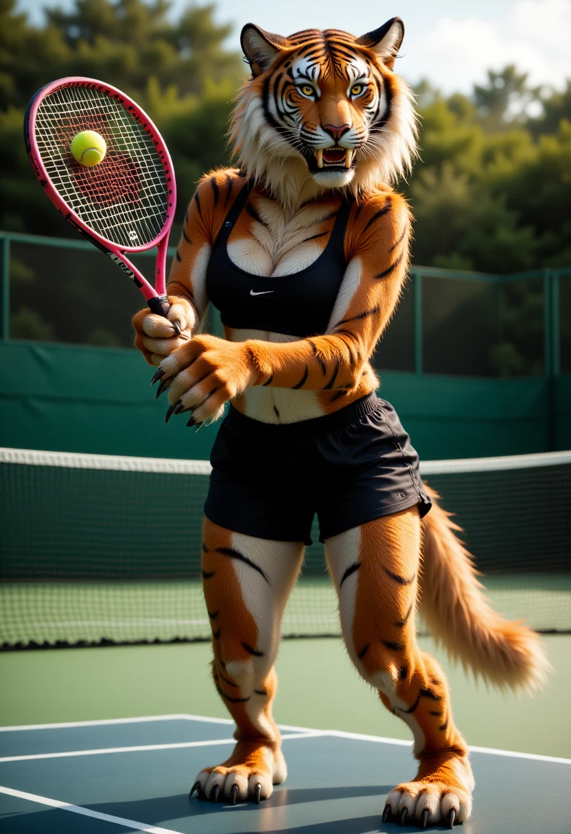 This is a highly detailed, realistic CGI image featuring a anthropomorphic tiger character playing tennis. The character, standing on a tennis court, has a humanoid body covered in orange and white tiger fur, with distinctive black stripes. The character's face is a tiger's head, complete with sharp teeth, piercing yellow eyes, and expressive whiskers. The character's fur is thick and fluffy, particularly around the face and chest area, giving a sense of texture and realism. She has tiger paws and claws instead of human hands. She is wearing black tennis shorts and a black sports bra. 