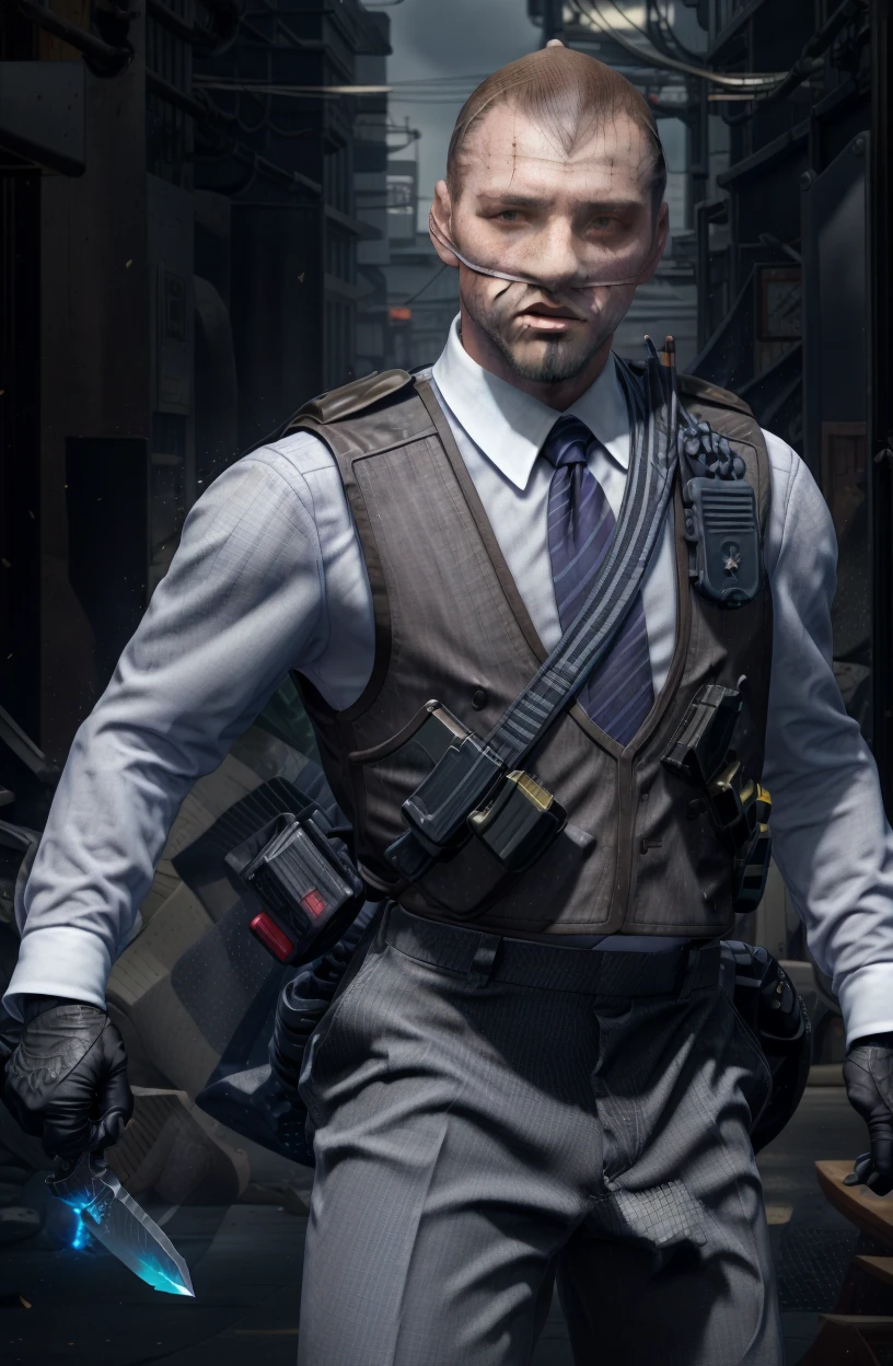 numberK,dynamic pose, cowboy shot,
1boy, male focus, solo, necktie, knife, weapon, gloves, grenade, vest, shirt, explosive,beard, long sleeves, standing, black gloves, grey pants,smoking, 
(masterpiece, best quality, ultra-detailed, best shadow, volumetric lighting), (beautiful detailed face, beautiful detailed eyes), (best illumination),
outdoors,