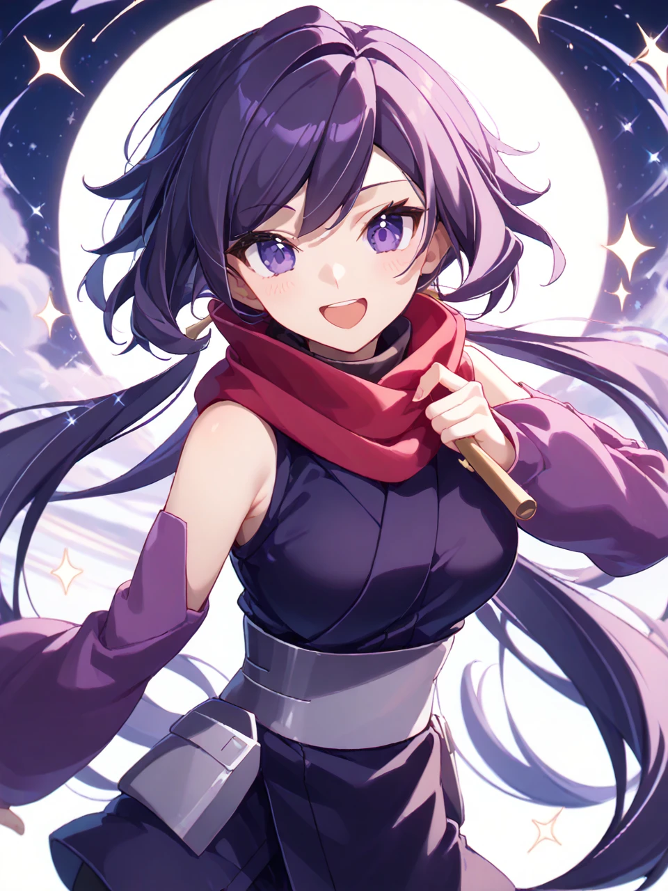 score 9,score 8 up,masterpiece, best quality, 
,1girl,ayame(gbd),purple eyes, purple hair, 
ninja, scarf,smile,sparkle, open mouth, looking at viewer, grab scarf