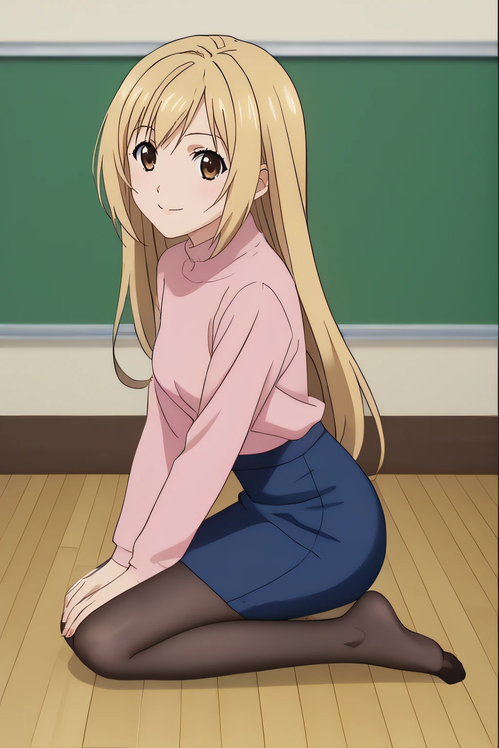 score_9, score_8_up, score_7_up, source_anime, rating_safe, intricate details, anime screencap, official style, 1girl, <lora:Minami_Haruka:1>, haruka, blonde hair, brown eyes, long hair, pink shirt, blue pencil skirt, black pantyhose, kneeling, indoor, looking at viewer, smile, side view, feet