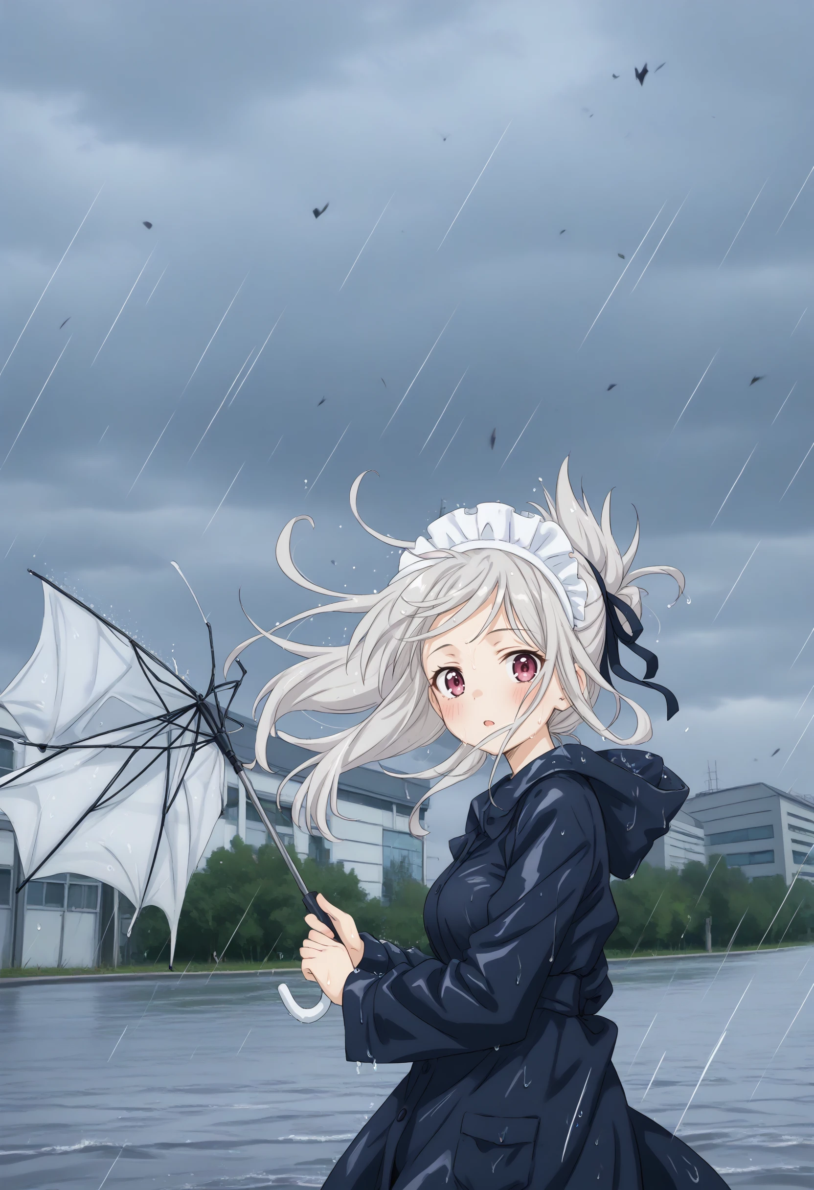 (masterpiece:0.7), (best quality:1.1),
(by sincos:0.5),(by ningen mame:0.5),(by toosaka asagi:0.5),
1girl,solo,medium breasts, maid, maid headdress,
cloudy sky ,floating hair ,leaning to the side,typhoon, storm ,raincoat,broken umbrella,rain,outdoors,wet,wind,wind lift, leaning forward <lora:brokenumbrella_Pony_v1:0.8>
from side, panorama shot, looking back, white hair, pink eyes,blush, downtown, open mouth, folded ponytail hair,,