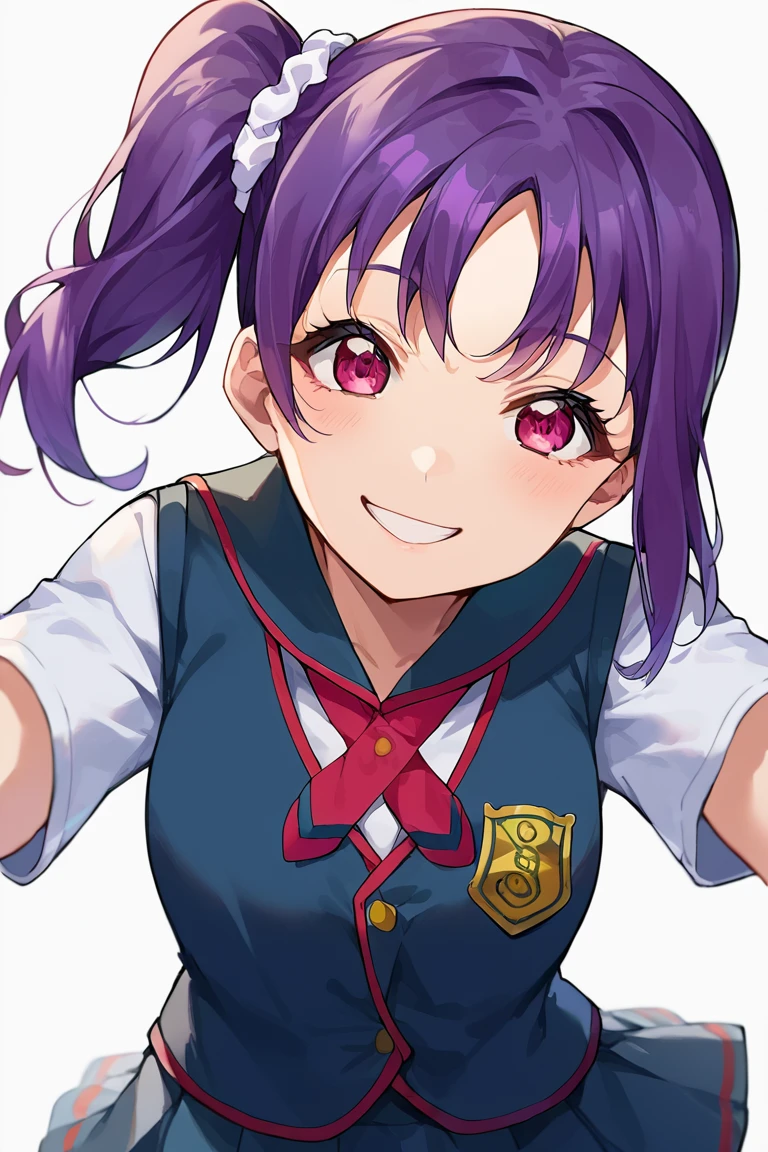 source anime, score_9, score_8_up, score_7_up, source_anime, smiling,happy,solo,1girl,  <lora:Kazuno_Sarah_Love_Live_Sunshine_XL:1> Sarah Kazuno,purple hair,side ponytail,pink eyes,school uniform,dark blue vest,pleated skirt,idol pose,white scrunchie,hair scrunchie