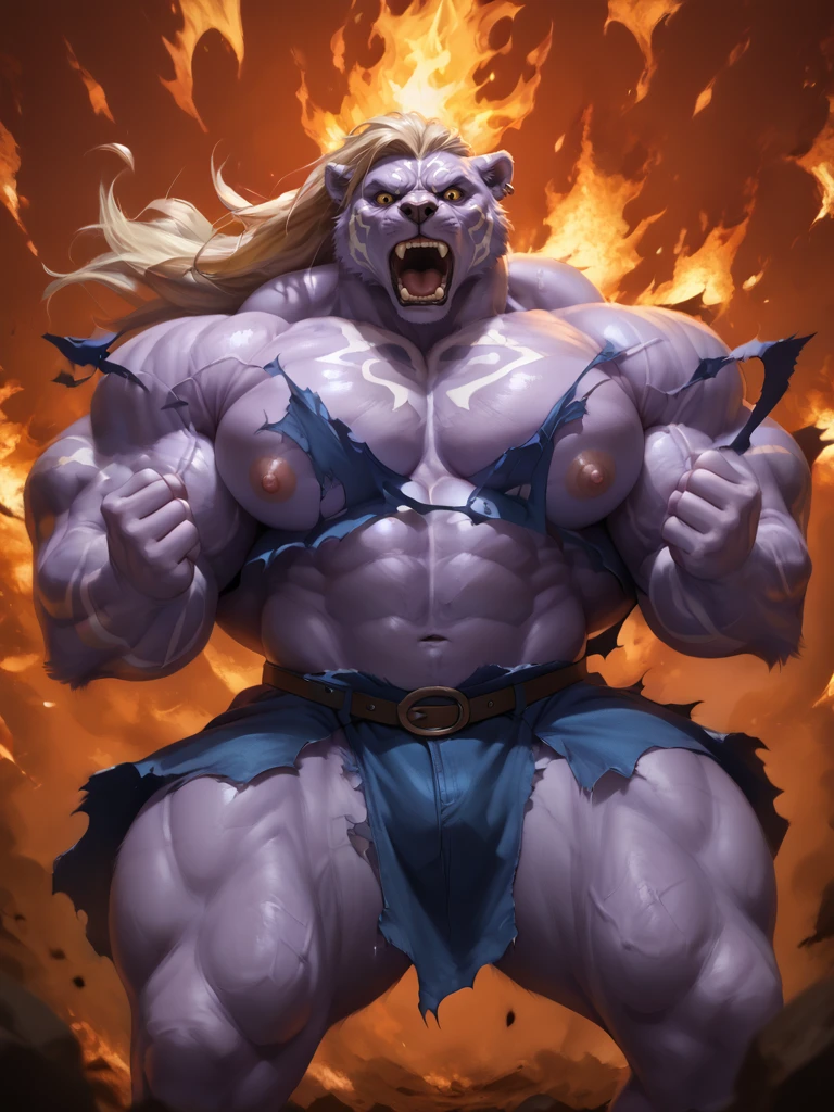 score_9, score_8_up, score_7_up, realistic, high quality, furry, male,  <lora:Rangetsu PDXL:0.8> rangetsu, purple body, glistering body, steam, long blonde hair, yellow eye, ear piercing, markings, hyper huge muscle, vein muscle, fire background, rage, roaring, fist, low angle, perspective, blue clothes, <lora:explodingclothespony:0.6> exploding clothes, torn clothes, convenient censoring, 5 fingers