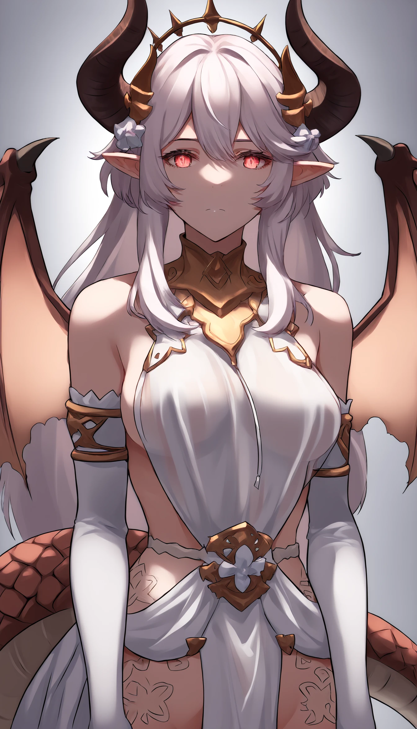 score_9, score_8_up, score_7_up, score_6_up, source_anime, grea, gl_dress, pelvic curtain, lace, tiara, elbow gloves, dragon tail, long hair, bangs, white hair, hair over breasts, hair censor, glowing red eyes, hair ornament, tail ornament BREAK
standing, facing viewer, looking at viewer, expressionless, closed mouth, see-through, no panties, no bra, upper body, <lora:GreaGBF_dress_outfit_e6r:1> <lora:Grea_v3_rank8:1>