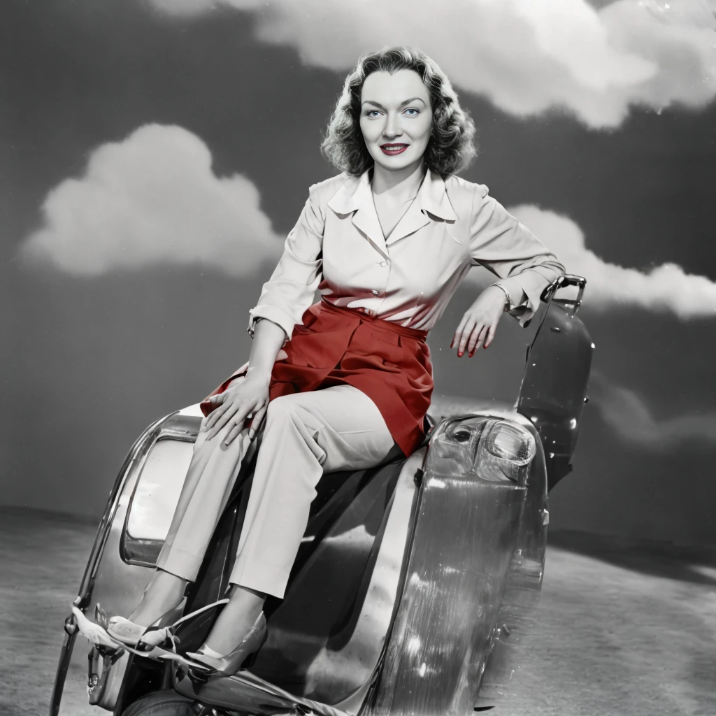 full color photo of gloria henry, decently clothed, driving a red sport car, vivid color, masterpiece <lora:GloriaHenry:1>