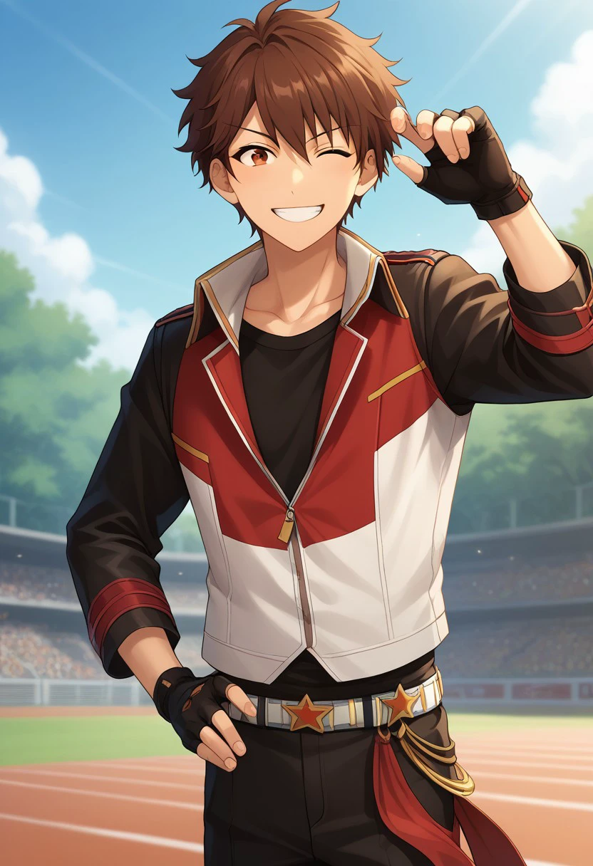 score_9, score_8_up, score_7_up, source_anime, highly detailed, 
chiaki, 1boy, male focus, brown hair, gloves, solo, fingerless gloves, smile, black gloves, brown eyes, pants, jacket, black pants, standing, belt, ryuseitai uniform, one eye closed,
outdoor, stage, sky