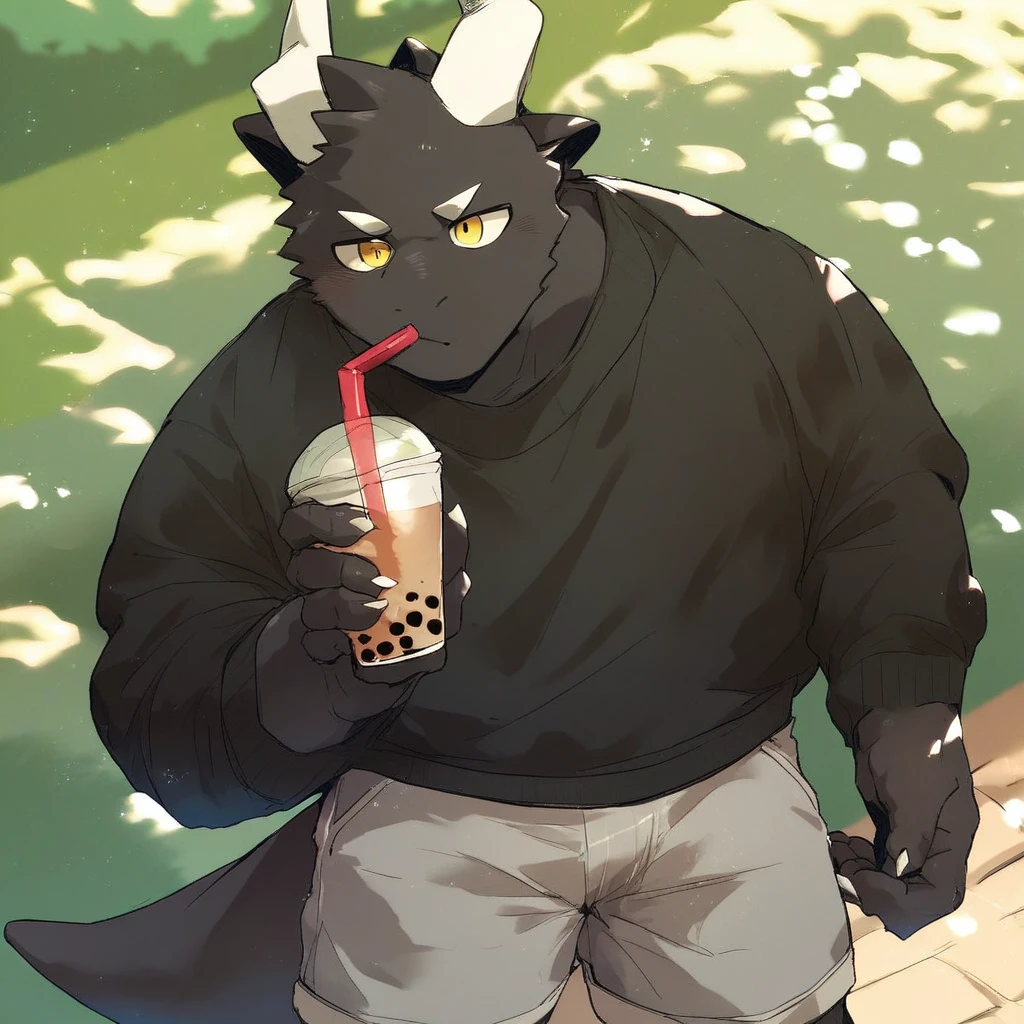 score_9_up, score_8_up, score_7_up, source_furry, mikus-style, black dragon, black body, white horns, yellow eyes, park, holding, bubble tea, black sweater, gray shorts, 1boy, solo