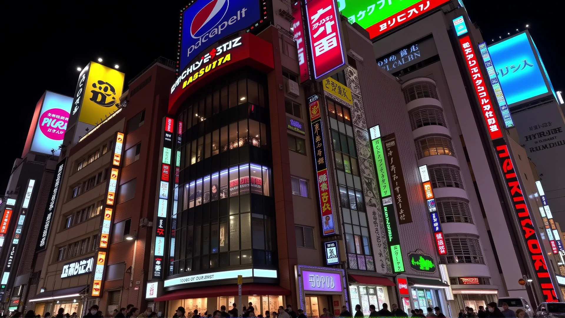 tokyo at night. hyperdetailed photography in a shopping and entertaining street with high building with colorful neon boards.
