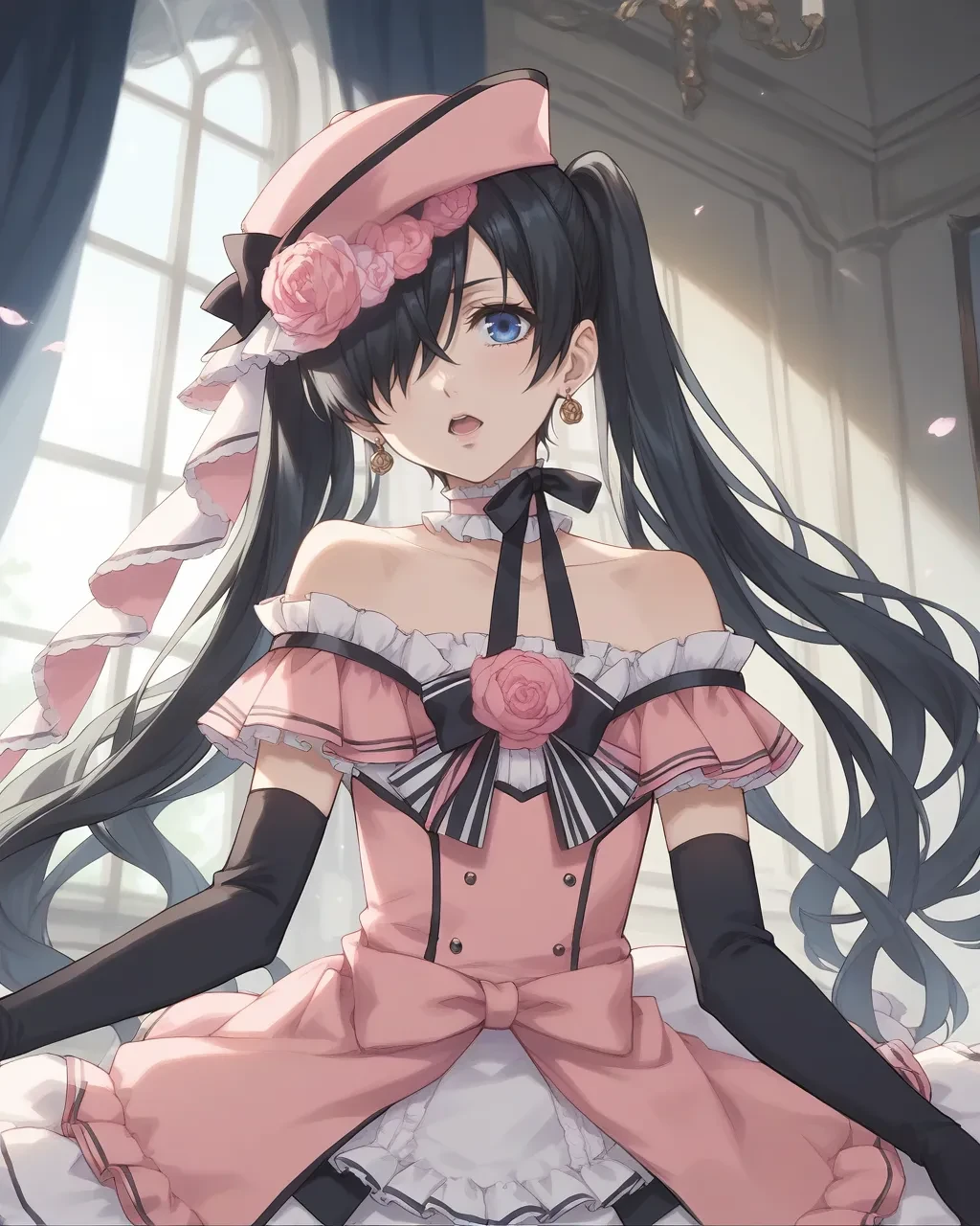 score_9,score_8_up,score_7_up,best quality, 4k, rating_safe, very aesthetic, source_anime,female orgasm,
room,
<lora:Ciel_Phantomhive:0.8>,
Ciel_PhantomhiveBB,blue eyes,black hair,long hair,twintails,hair over one eye,flower,choker,hat,pink headwear,dress,frills,crossdressing,bare shoulders,rose,elbow gloves,earrings,
dynamic angle,,