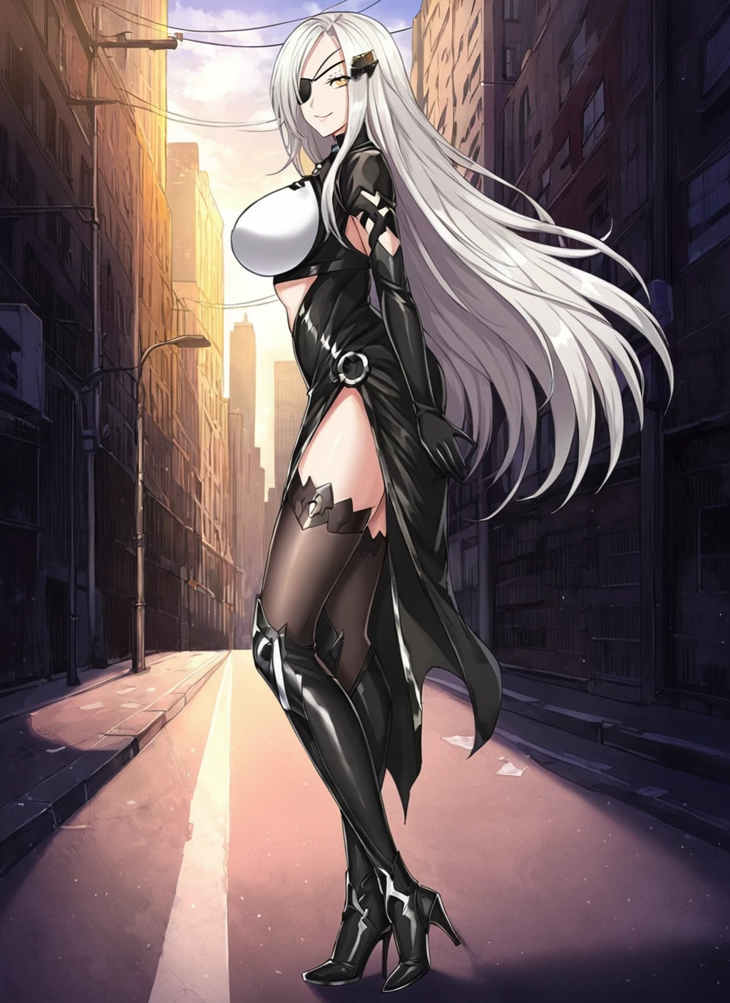 <lora:Alchemist_Dolls_Frontline:0.8> alchemistdollsfrontline, 1girl, anime, anime coloring, boots, solo, long hair, eyepatch, breasts, white hair, looking at viewer, yellow eyes, gloves, thighhighs, large breasts, black thighhighs, black gloves, standing, full body, detailed face, city, citybackground, street, sunlight, high heel boots, hair ornament, detailed boots, standing on street, black footwear, high heels, elbow gloves, evil face, side view, from side