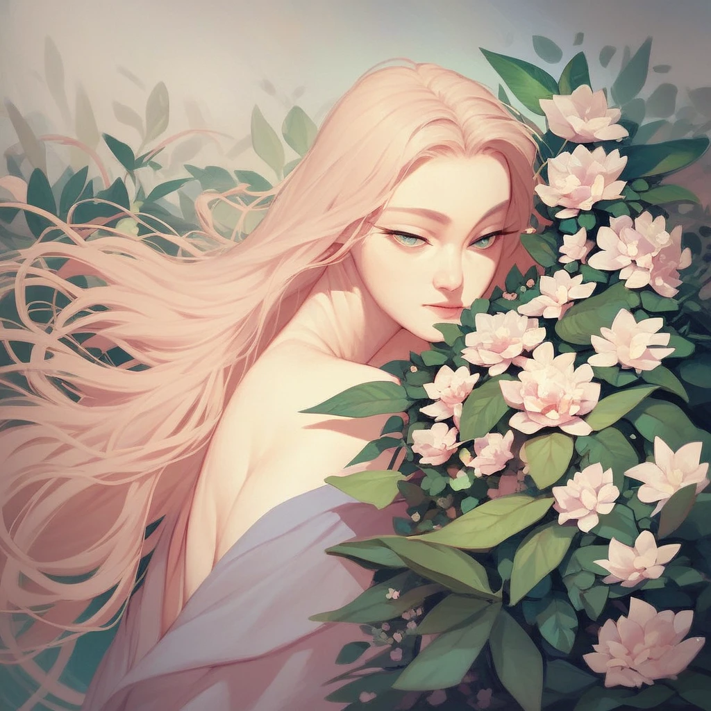 solo, 1girl, long hair, plant, flower, score_9, score_8_up, score_7_up, score_6_up,