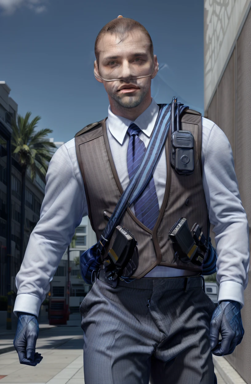 numberK, miami darryl, dynamic pose, walkie-talkie,
(masterpiece, best quality, ultra-detailed, best shadow, volumetric lighting), (beautiful detailed face, beautiful detailed eyes), (best illumination),
1boy, solo, male focus, necktie, vest, gloves, shirt, white shirt, blue necktie, facial hair, striped necktie, pants, bag, standing, collared shirt
outdoors,