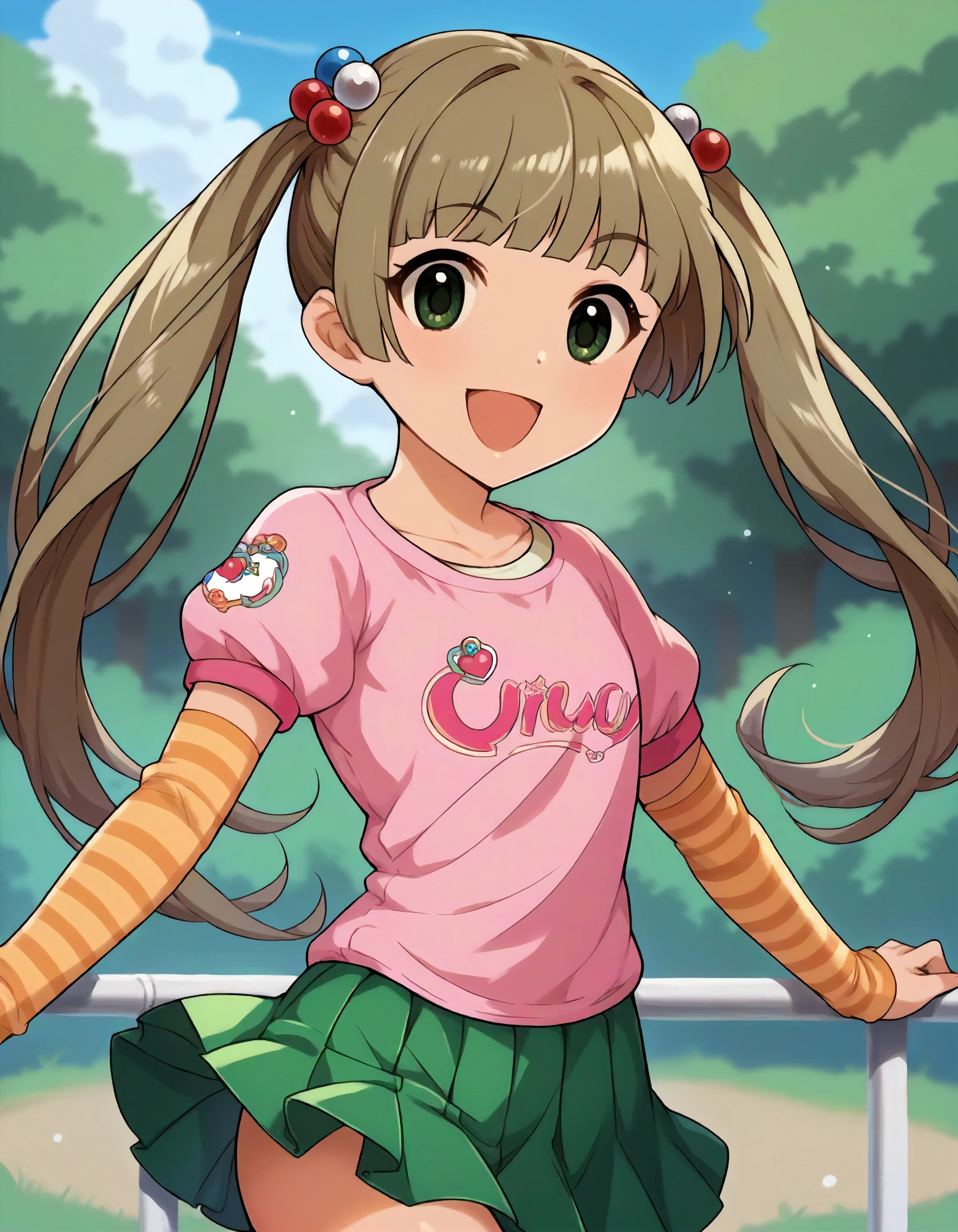 score_9,score_8_up,score_7_up,1girl,solo,cowboy shot,looking at viewer,smile,open mouth,outdoors,
<lora:yokoyamachika_ponyXLV6:0.8>,cgyc,
light brown hair,long twintails,blunt bangs,green eyes,
hair bobbles,pink shirt,puffy short sleeves,orange striped sleeves,pleated green skirt