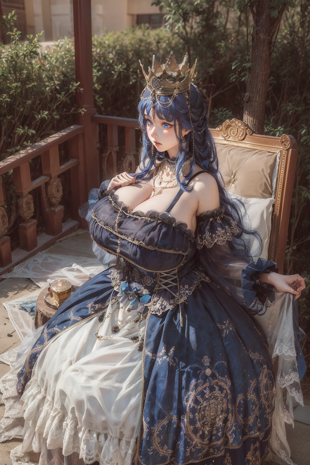 (masterpiece, best quality:1.2),illustration,8k,hd,1 girl,very long hair,blue hair,solo,cxzg,dress,cyan dress,tiara,detached sleeves,jewelry,necklace,frills,lace,cross-laced clothes,crown,((cleavage)),huge breasts,outdoors,(glowing blue eyes:1.3),