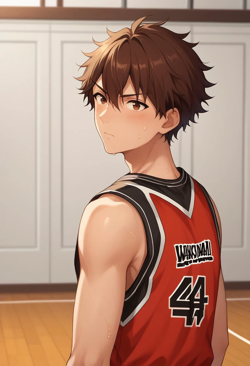 score_9, score_8_up, score_7_up, source_anime, highly detailed, 
chiaki, 1boy, male focus, brown hair, basketball uniform, sportswear, solo, brown eyes, basketball, sweat, focused, indoor, upper body, red uniform,