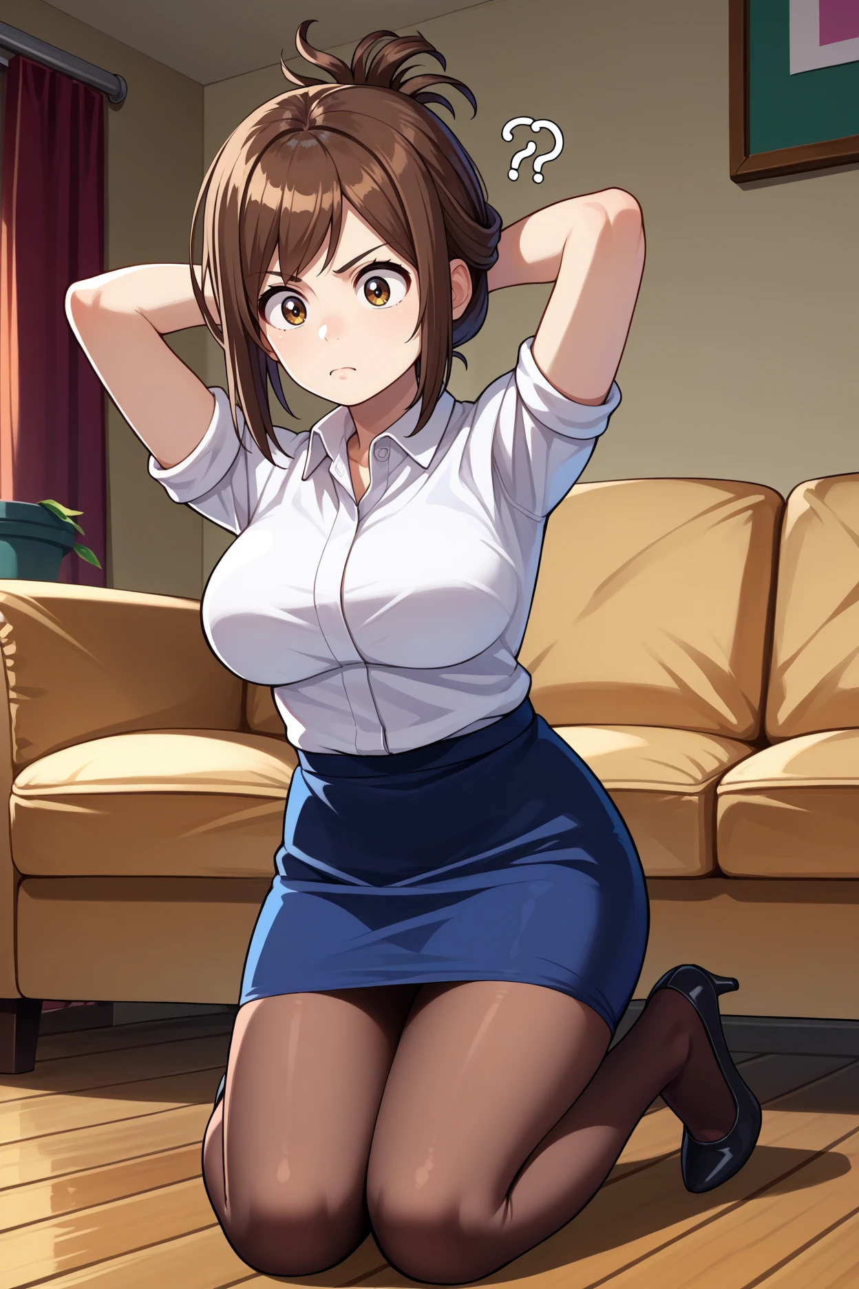 score_9, score_8_up, score_7_up, score_6_up, source_anime, 1girl, solo <lora:kojimakana-pdxl-nvwls-v1-000005:1> nkKana, brown hair, folded ponytail, short hair, brown eyes, collared shirt, sleeves rolled up, white shirt, black skirt, brown pantyhose, large breasts, high heels, kneeling, full body, arms behind head, confused, indoors, couch, living room