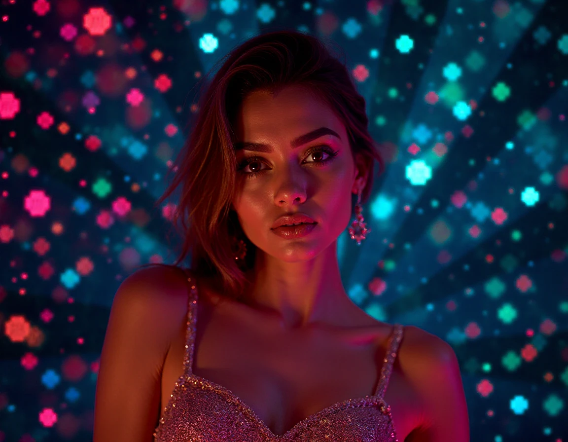 A raw close up photo of A stunning beautiful attractive female Instagram Model in her mid 20's stands elegantly in the middle foreground, looking directly at the viewer. Sheâs dressed in an elaborate fancy gown that catches the light, multi colored glowing particles.  light
multicolored particles
glittering
sparkles
glowing particles
small dots to larger dots
psychedelic pattern
dazzling
celestial objects scattered
vibrant starry night sky.
Holo_GFX H_GFX B3ST <lora:Holo_GFX:1>