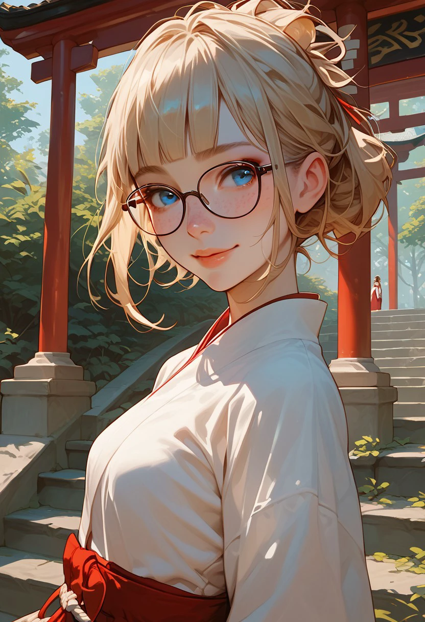 score_9, score_8_up, score_7_up, score_6_up, score_5_up, score_4_up, 1girl, (score_9, score_8_up:1.1), score_7_up,  short blonde hair,  blunt bangs, blue eyes, big squared eyeglasses, small breasts, slim, pale skin, freckles, standing, shy smile, closed lips, shrine maiden, Japanese shrine