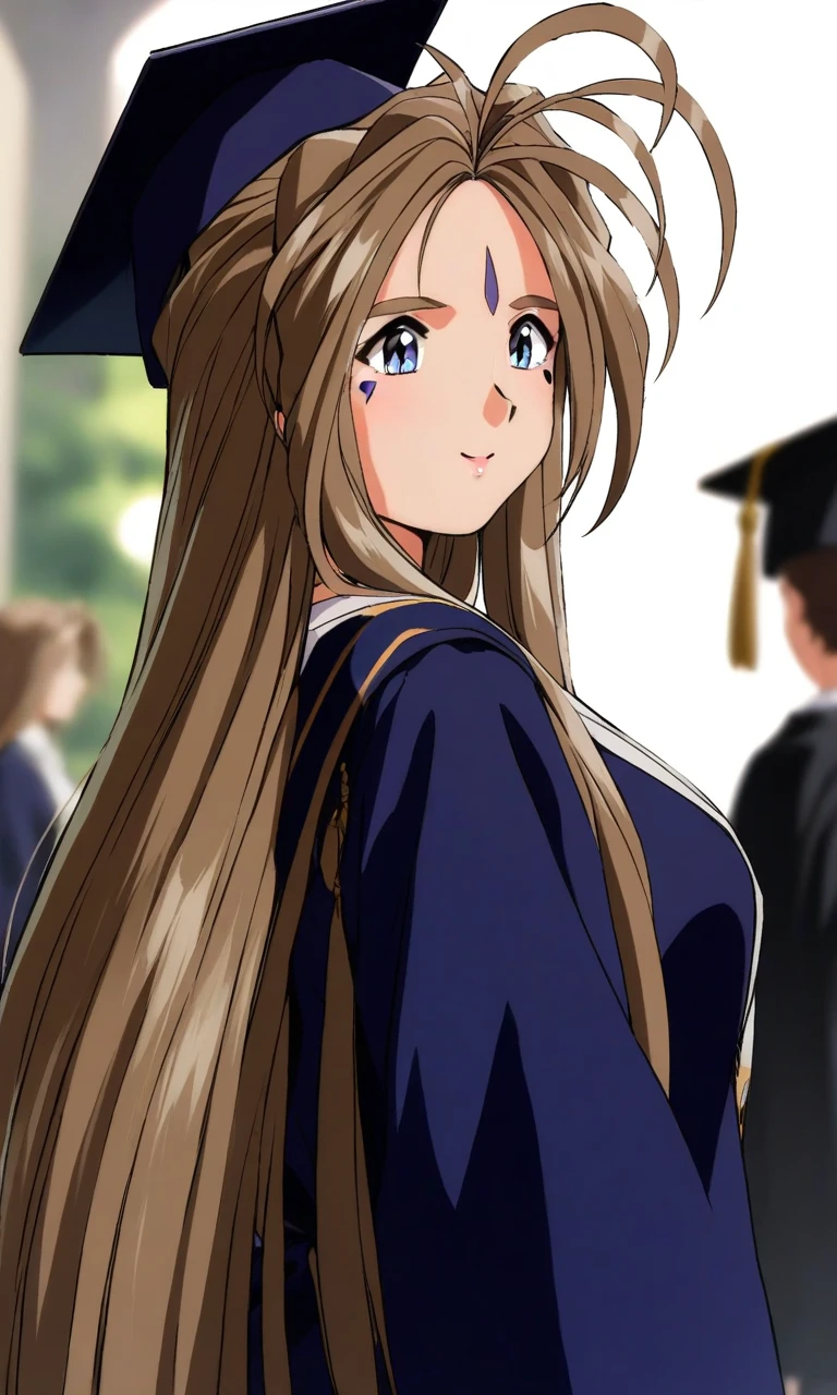 belldandyova, solo, 25 years old woman, 165cm tall,
light brown hair, voluminous hair, long side bangs, blue eyes, antenna hair, ahoge from the forehead center top, light pink lips,
an elongated-shaped blue forehead mark, triangular-shaped blue cheek marks,
convocation gown, mortarboard,  
university hall, 
((blurred background)),
medium body shot, dynamic angle,
smile, relaxed, side view, 
masterpiece, 8k, ultra-detailed, high resolution, best quality,
<lora:Belldandy OVA SDXL V1.1:1>,