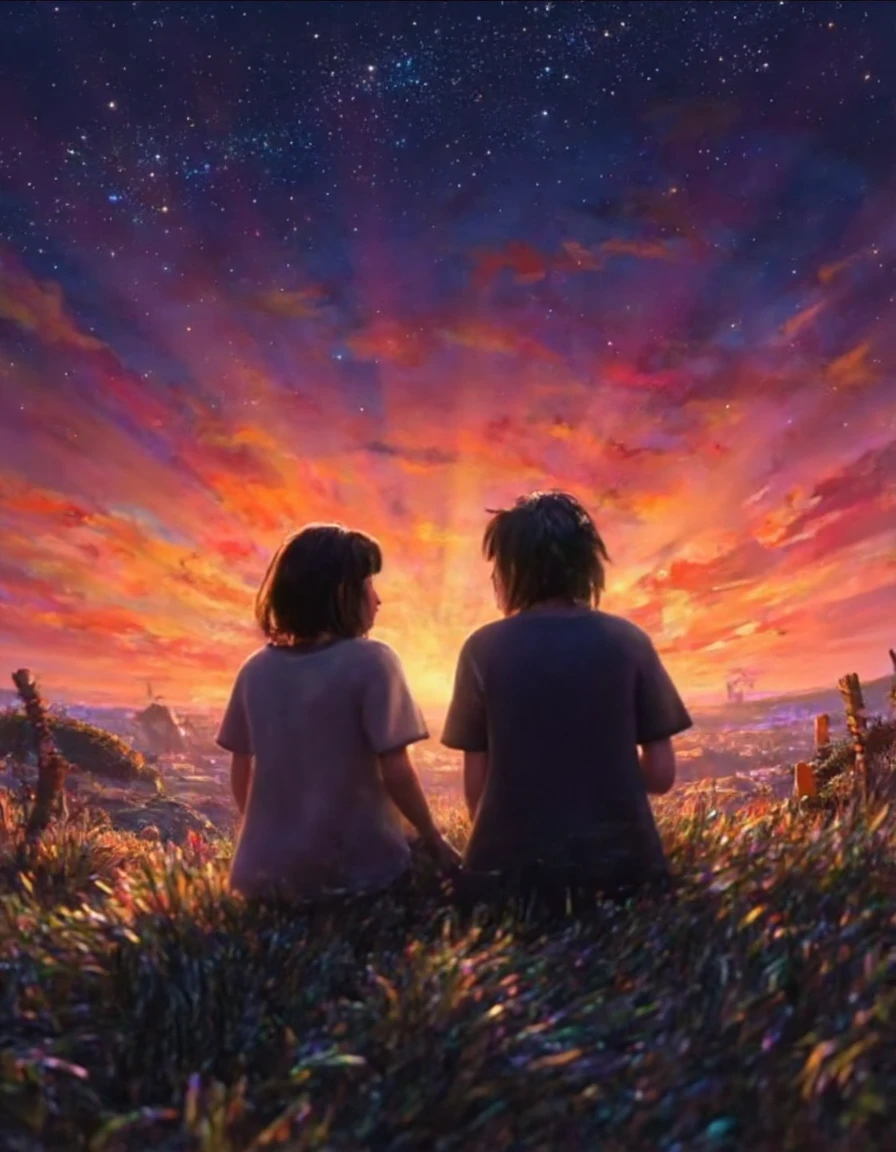 A photo of a young couple watching a sunset under a shower of stars, in the style of Deep_Sea movie  <lora:Deep_Sea_-_Shen_Hai_-_Le_royaume_des_Abysses_r2:1>