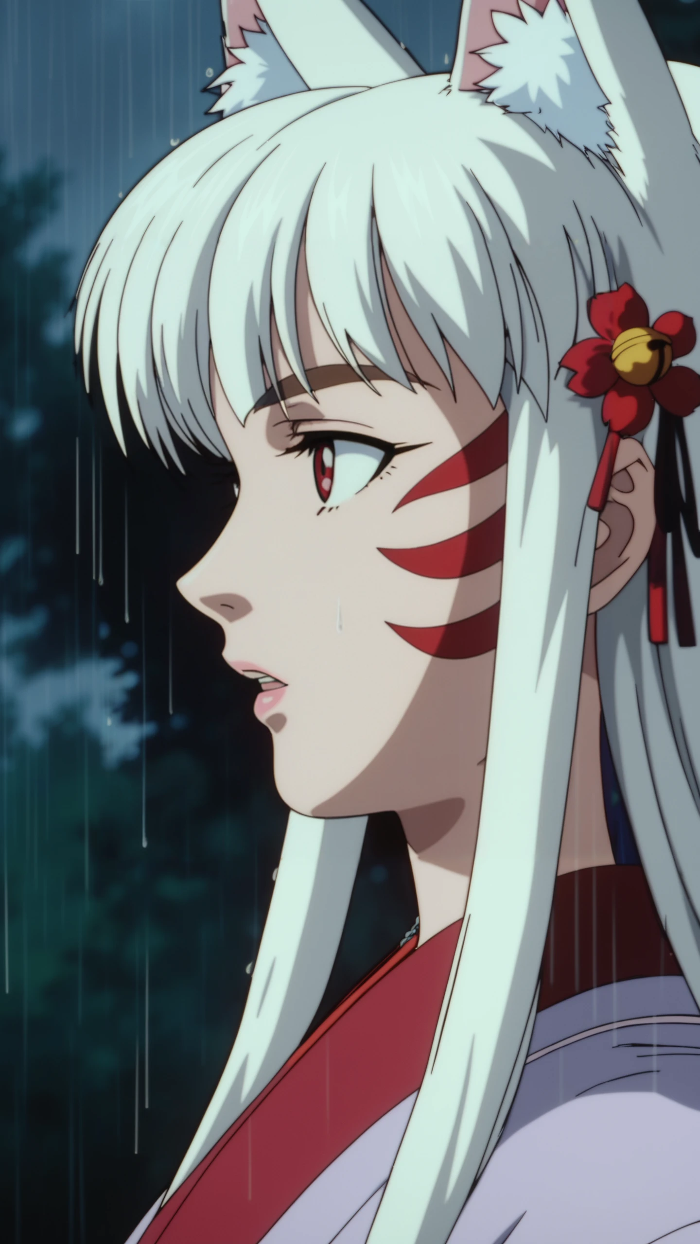 score_9, score_8_up, score_7_up, Analog style, vhs style, Dvd screengrab, old anime, classic anime, i want the whole image to be created in 3D anime style, 1girl, solo, long hair, looking at viewer, bangs, hair ornament, red eyes, ribbon, animal ears, flower, white hair, parted lips, japanese clothes, hair flower, blurry, from side, animal ear fluff, looking to the side, fox ears, bell, depth of field, blurry background, facial mark, thick eyebrows, slit pupils, fox girl, portrait, jingle bell, rain, sideways glance, whisker markings