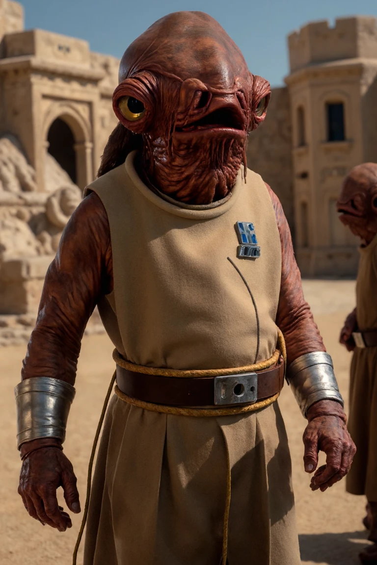 hyperrealistic art Admiral Ackbar standing confidently, cosplaying as Wonder Woman, with magical golden glowing lasso clipped to the side of his waist, in ancient Greece . extremely high-resolution details, photographic, realism pushed to extreme, fine texture, incredibly lifelike