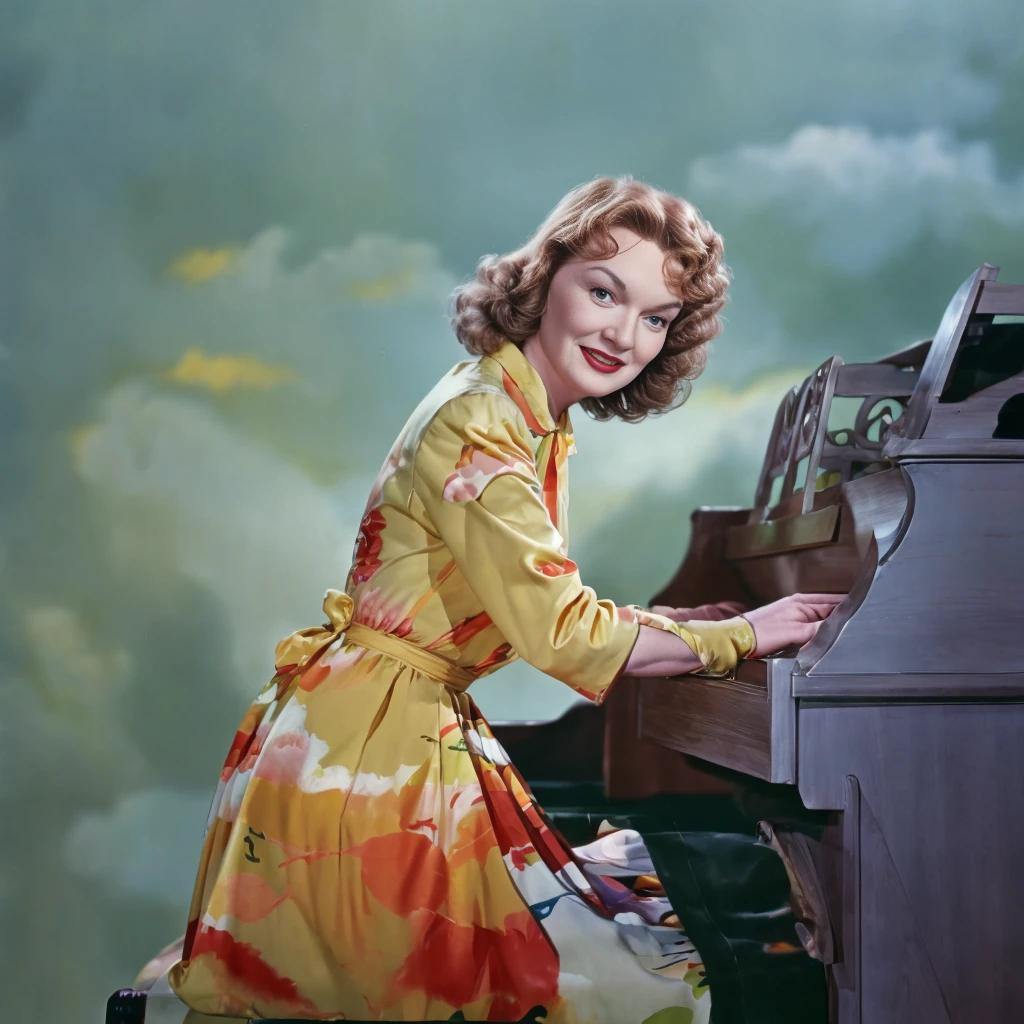 full color photo of gloria henry, decently clothed, playing the grand piano, vivid color, masterpiece <lora:GloriaHenry:1>