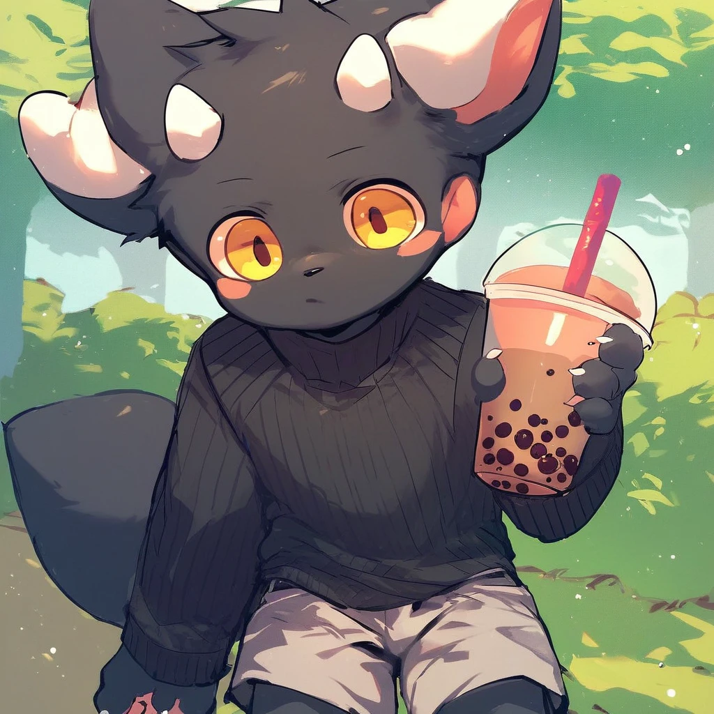 score_9_up, score_8_up, score_7_up, source_furry, mikus-kirikopoyo, black dragon, black body, white horns, yellow eyes, park, holding, bubble tea, black sweater, gray shorts, 1boy, solo