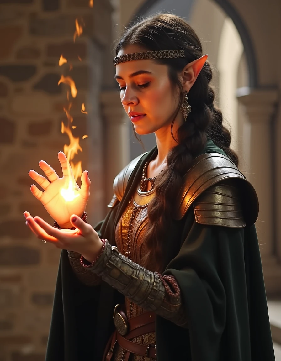 woman with black braided ponytail, (elven ears), wearing a metal circlet and mail armor, medieval cleric temple, casting a glowing light healing spell   <lora:oirmos191f5c5a0a2n55a0:0.7> J3n3