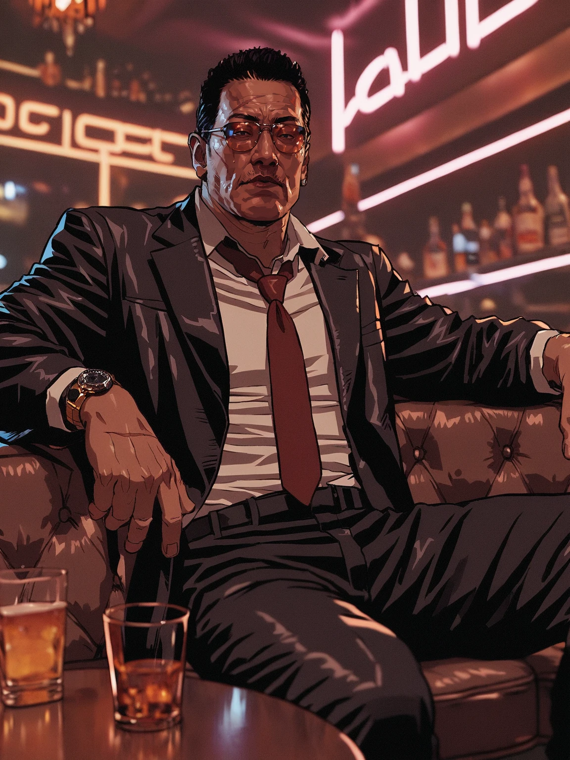 adult man, old, black hair, scar across eye, yakuza, sunglasses, black classic suit, white shirt, red tie, single golden wristwatch on left hand, sitting on black leather couch, club, bar, indoors, table, alcohol, solo, <lora:SeungEunKim:0.8>, score_9, score_8_up, score_7_up