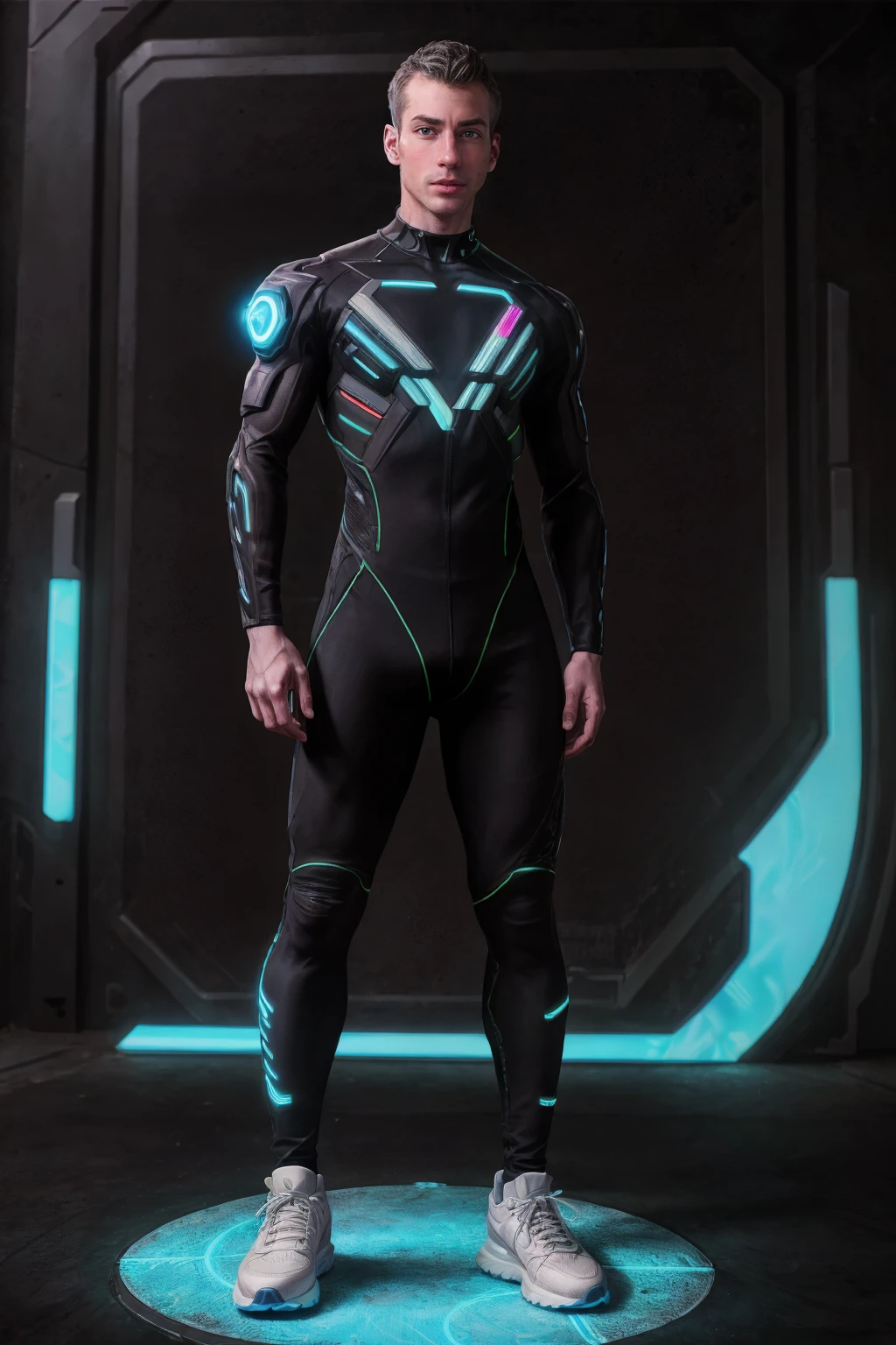 <lora:sc_jeffrey_adam_epoch_5:0.8> handsome male scjeffreyperson <lora:Clothing - Scifi Grim Reaper:0.65> science fiction, cyberpunk, wearing a bodysuit, pants, sneakers, bright neon lighting, tron-style, tron background, torn clothes