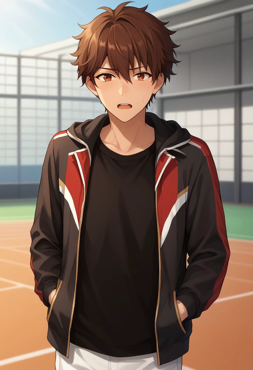 score_9, score_8_up, score_7_up, source_anime, highly detailed, 
chiaki, 1boy, male focus, brown hair, brown eyes, solo, jacket, looking at viewer, pants, shirt, white pants, black shirt, hood, open clothes, open jacket, hair between eyes, open mouth, track jacket,
track suit, practice uniform, sweat, tired, upper body
indoor, gym,