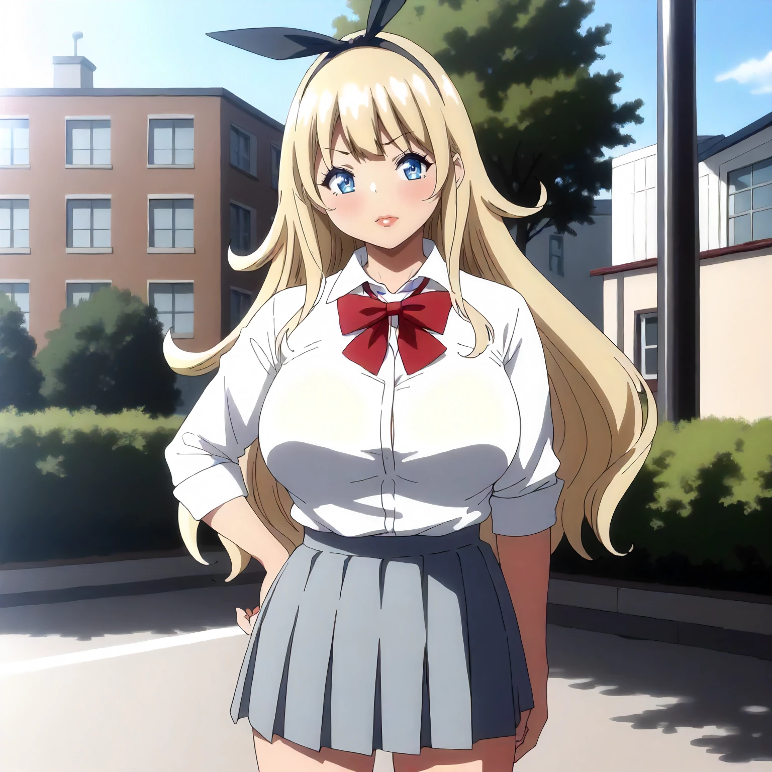 <lora:BnHgDR_RinaXLpony001>,
outdoors,
solo,
Rina,1girl,blonde hair,ribbon,hairband,long hair,blue eyes,
large breasts,
white shirt,red bow tie,
pleated_skirt,
standing,