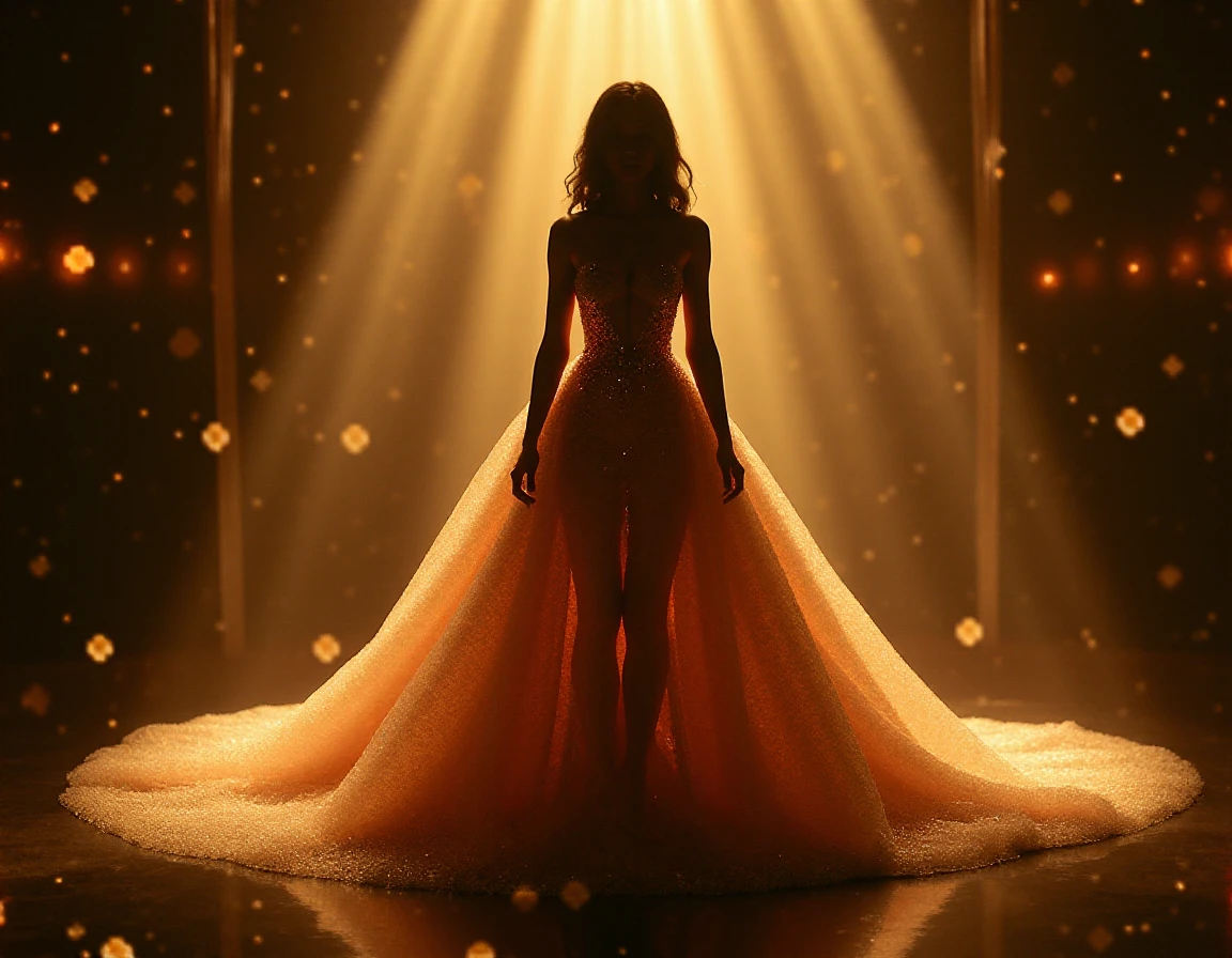 A raw photo of A stunning female Instagram Model in her mid 20's stands elegantly in the middle foreground, looking directly at the viewer. Sheâs dressed in an elaborate fancy gown that catches the light, glowing particles.  Holo_GFX H_GFX B3ST   <lora:Holo_GFX:1>