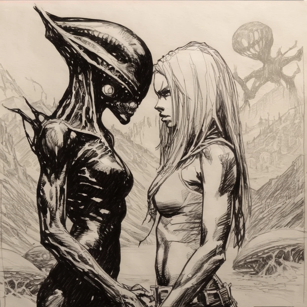 drawix17 girl and alien, black ink<lora:drawix17:1>