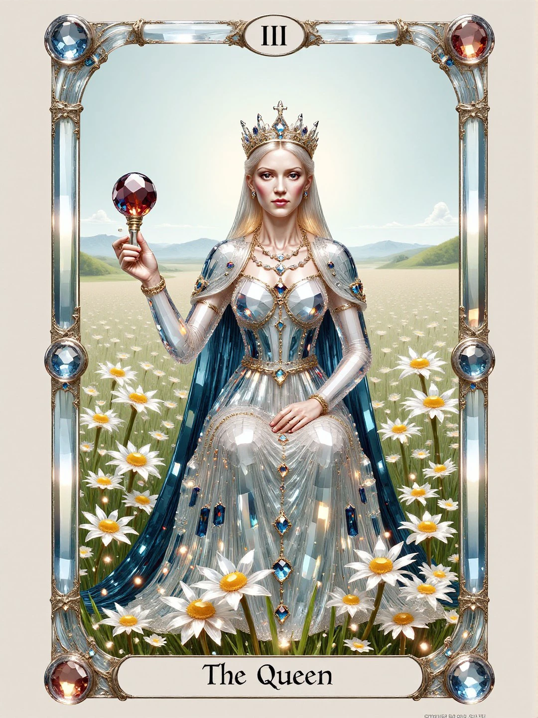 cs-cr1stal , Tarot card of The Queen, with text "III" at the top and text "The Queen" at the bottom, sitting, holding an orb in a field <lora:Crystality Flux_v1:1>