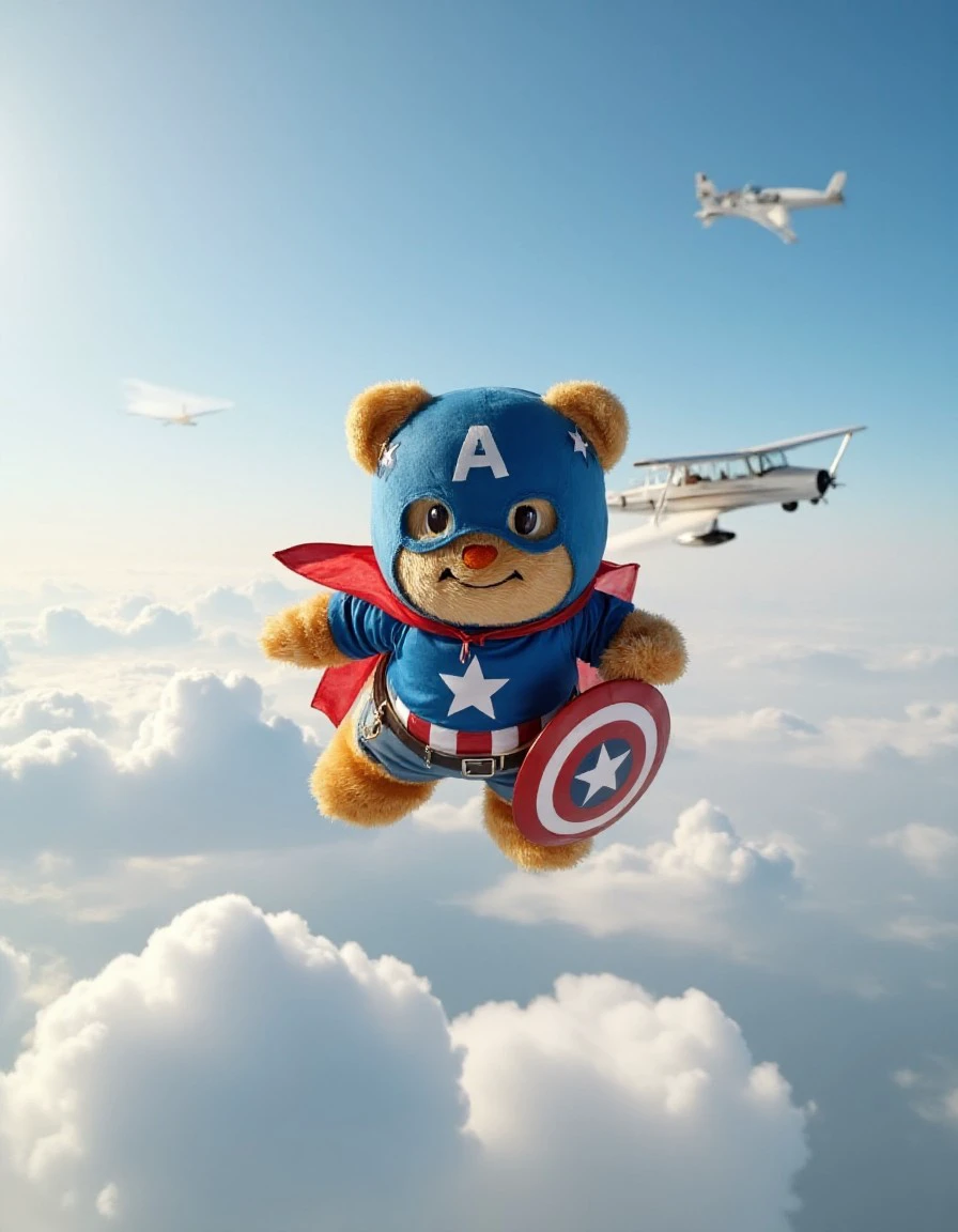 <lora:ButterbearV1:2>, (((butterbearv1))), (((teddy bear))), teddy bear in Captain America, the background has a sky, clouds, beautiful light, realistic image, high quality.