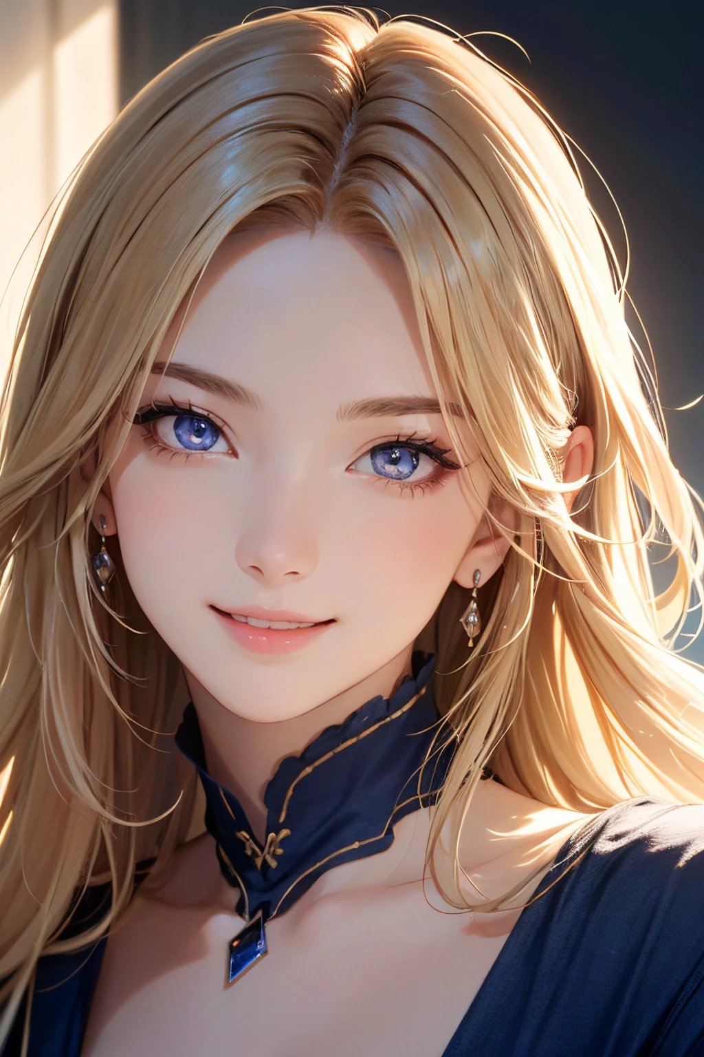 1girl, upper body, 18 years old, beautiful face, blonde hair, dark indigo eyes, glowing eyes, sensuous lips, smiling, side soft light, triadic color scheme, (high-quality:1.2), (best-quality1.2), (absurd-res, ultra detailed:1.1), epic composition, dramatic lighting