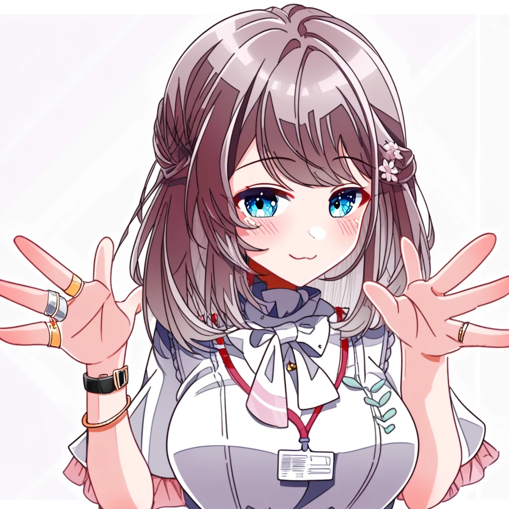 momo, custome1, fanart, 1girl, solo, ring, :3, watch, looking at viewer, bow, smile, wristwatch, white bow, white shirt, open hands, shirt, bracelet, medium hair, blush, upper body, short sleeves, id card, closed mouth, spread fingers, bowtie, frills, white bowtie, large breasts, lanyard