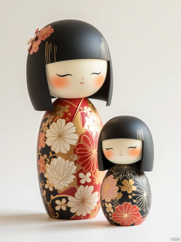 OBwawa,This image is a high-resolution photograph of two traditional Japanese kokeshi dolls, one large and one small, set against a plain white background. Both dolls feature smooth, rounded bodies with a glossy finish. The large doll stands to the left, and the small doll sits in front of it, to the right. The large doll has a serene expression with closed eyes and a gentle smile, and its face is painted with soft pink blushes on the cheeks. Its hair is straight, black, and cut into a blunt bob, with a few decorative flowers attached to the left side. The doll's body is adorned with elaborate floral patterns in shades of white, red, and orange, with intricate gold detailing. The small doll mirrors the large one in facial features and hairstyle but is much more detailed in its decorative patterns. It has a similar serene expression, with closed eyes and a gentle smile, and its body is also adorned with intricate floral patterns in shades of red, white, and orange, with gold detailing. The small doll sits in front of the large one, leaning slightly towards it.The overall aesthetic of the dolls is traditional and elegant, with a focus on delicate craftsmanship and intricate designs.