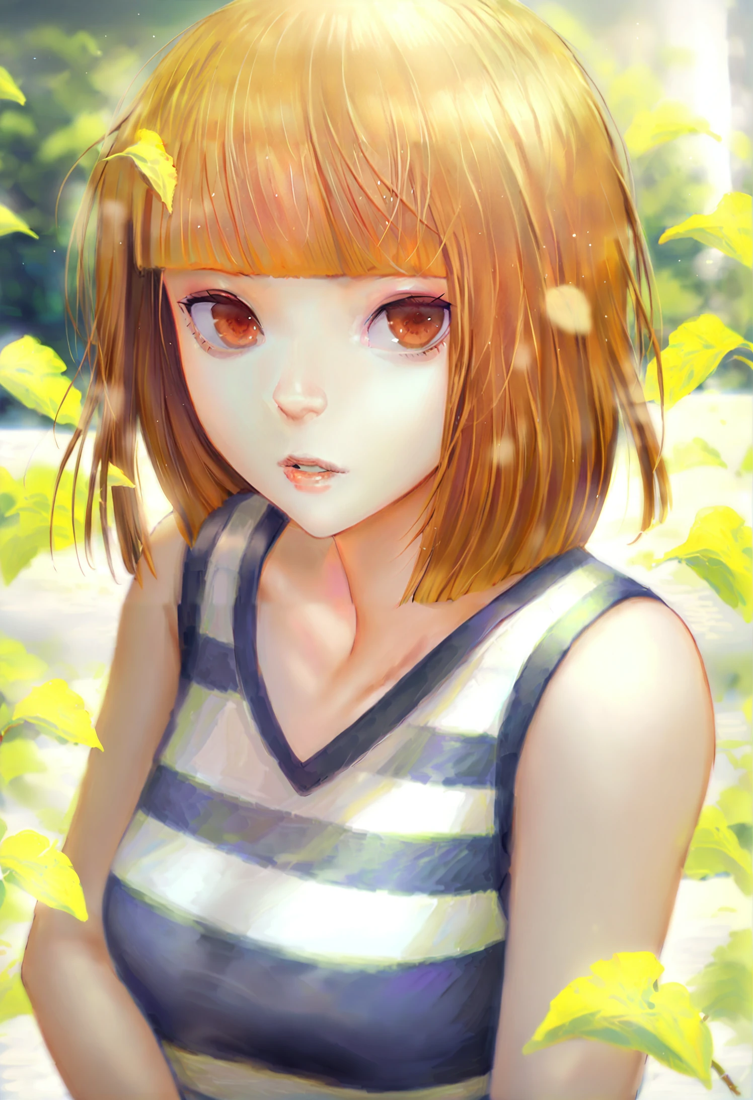 masterpiece, best quality,1girl, solo, brown eyes, upper body, leaf, striped shirt, looking at viewer, blunt bangs, lips, brown hair, shirt, short hair, sleeveless, parted lips, striped clothes 
 <lora:cankingXLlokr4f-000184:0.95>