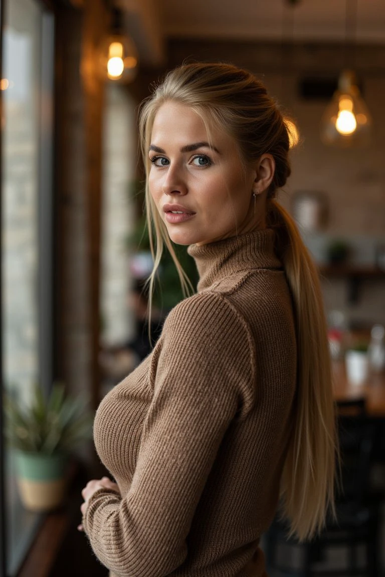 woman standing in a cozy livingroom wearing a turtleneck pullover, direct eye contact, quarter view, sensual, intimate, private, sleek blond hair in a low ponytail, natural makeup, standing in a cozy cafe
 <lora:Colleen_Schneider:1>