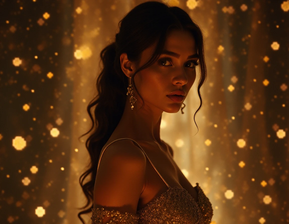 A raw photo of A stunning beautiful attractive female Instagram Model in her mid 20's stands elegantly in the middle foreground, looking directly at the viewer. Sheâs dressed in an elaborate fancy gown that catches the light, glowing particles.  Holo_GFX H_GFX B3ST <lora:Holo_GFX:1>