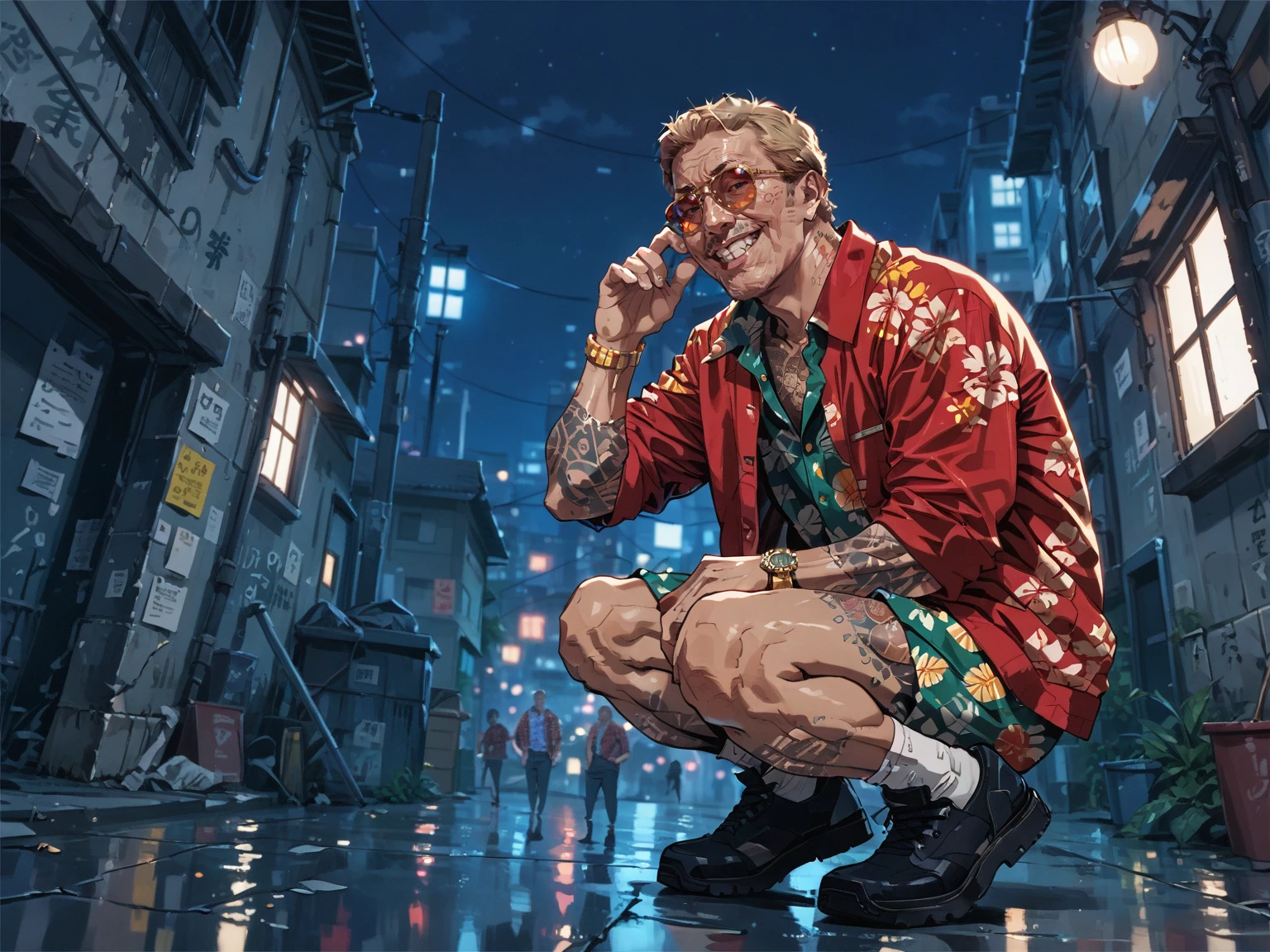 1boy, old, blonde hair, short hair, gold handwatch, sunglasses, red jacket, hawaiian shirt, open shirt, tattoo, squatting, alley, from below, hand up, night, smiling, teeth, dutch angle, solo, <lora:SeungEunKim:0.8>, score_9, score_8_up, score_7_up