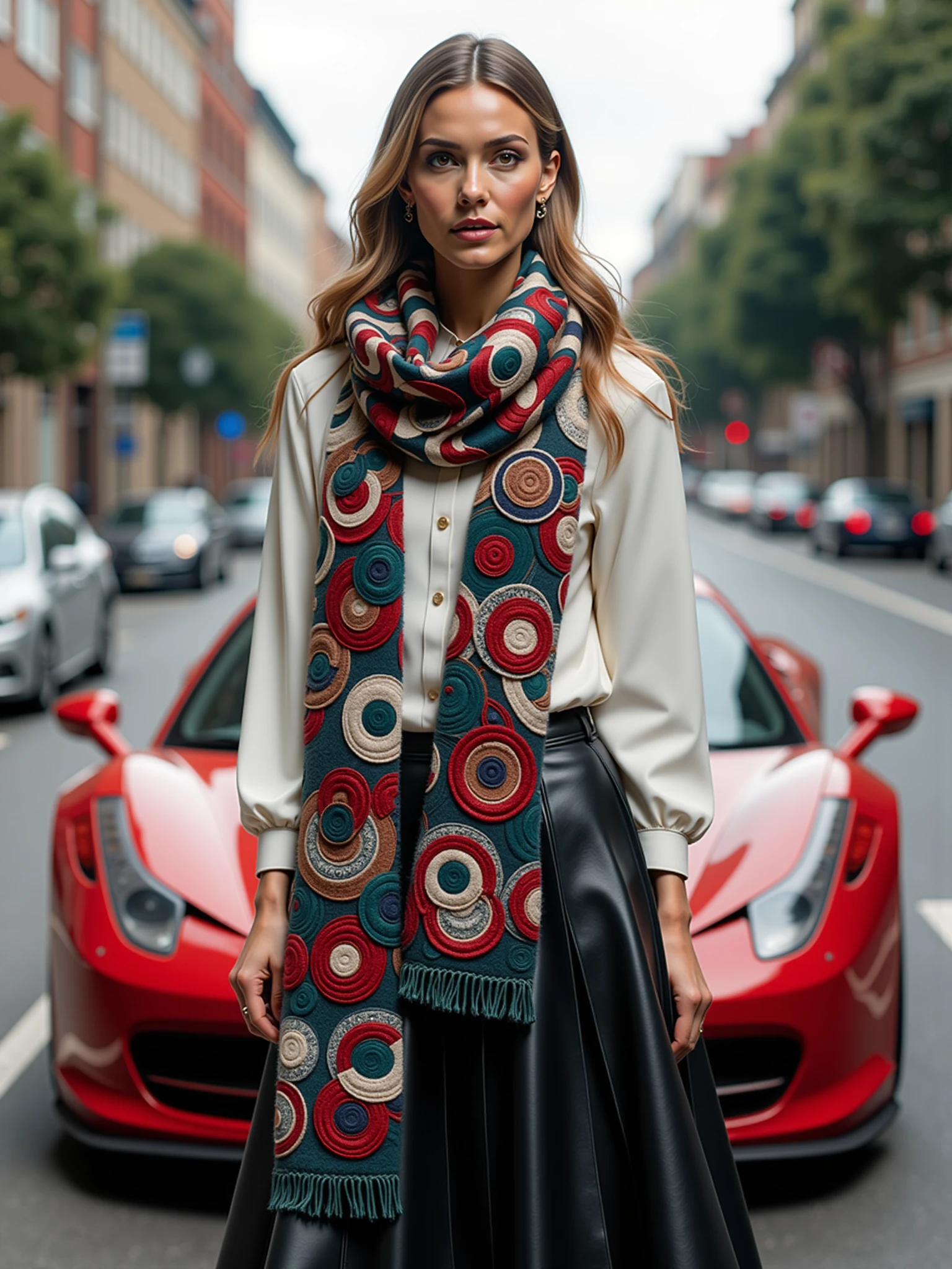 woman wearing a mad-clrflcrcls scarf, black skirt and white top in front of a red sports car, city   <lora:colorful-circles-flux:1.8>