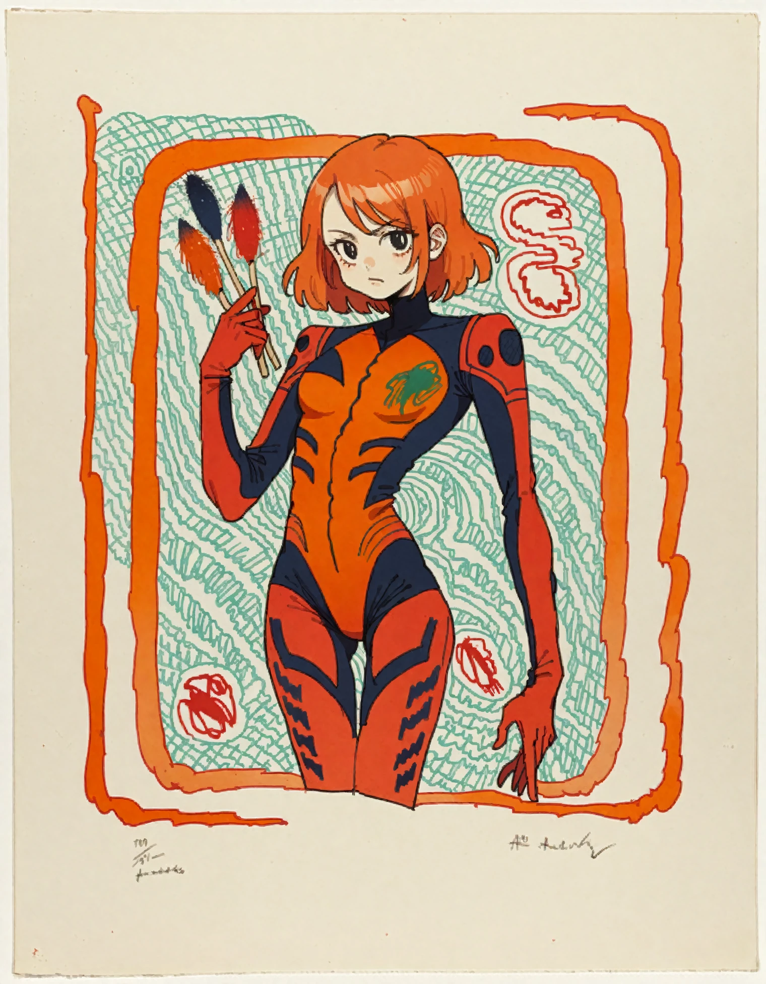 patterns,lines,shapes,expressive brushstrokes <lora:alechinsky_pony_v1:1> ' asuka IV ' by alechinsky pierre in 1897,figurative \(genre\),neo-expressionism \(style\),(asuka langlay soryu, red plugsuit, orange hair:1.1), score_9, score_6_up, score_7_up