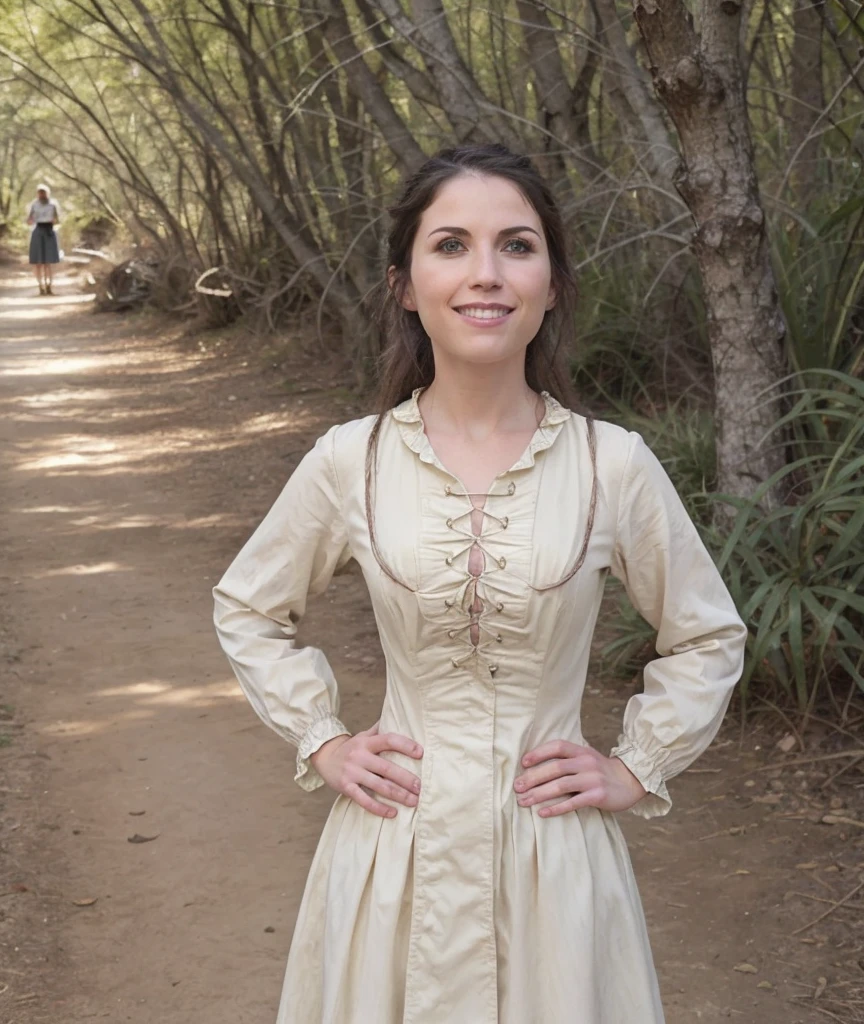 (Sara_Raftery:1.1) with a cute grin, 
full torso photo, photorealistic,
wearing 1700s haberdashery clothes on a zoo path in a nature preserve environment,
 <lora:Sara_Raftery-SDe12:0.8>